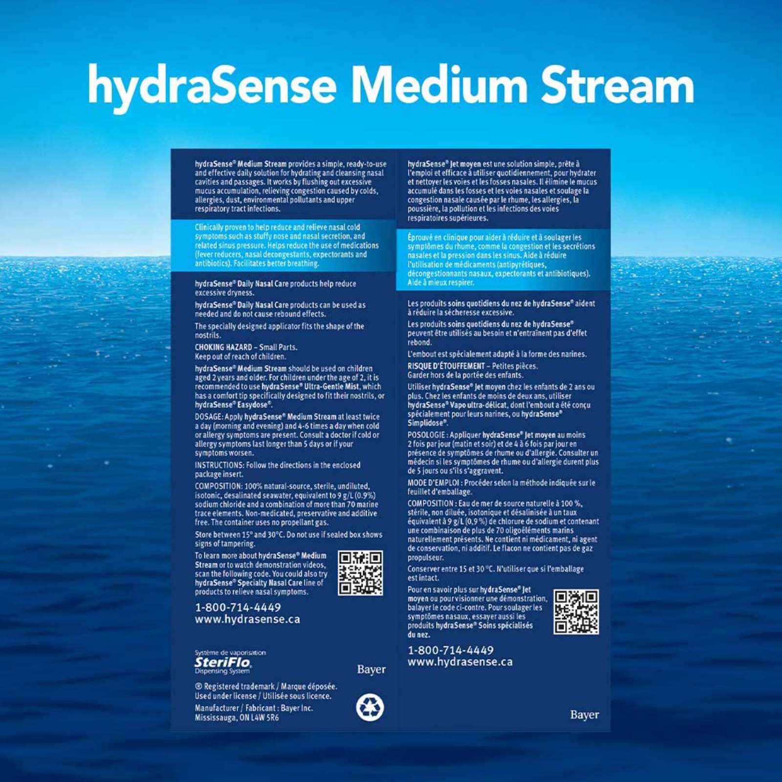 hydraSense Medium Stream Nasal Spray, Daily Nasal Care, Fast Relief of Nasal Congestion, 100% Natural Source Seawater, Preservative-Free, 100 mL
