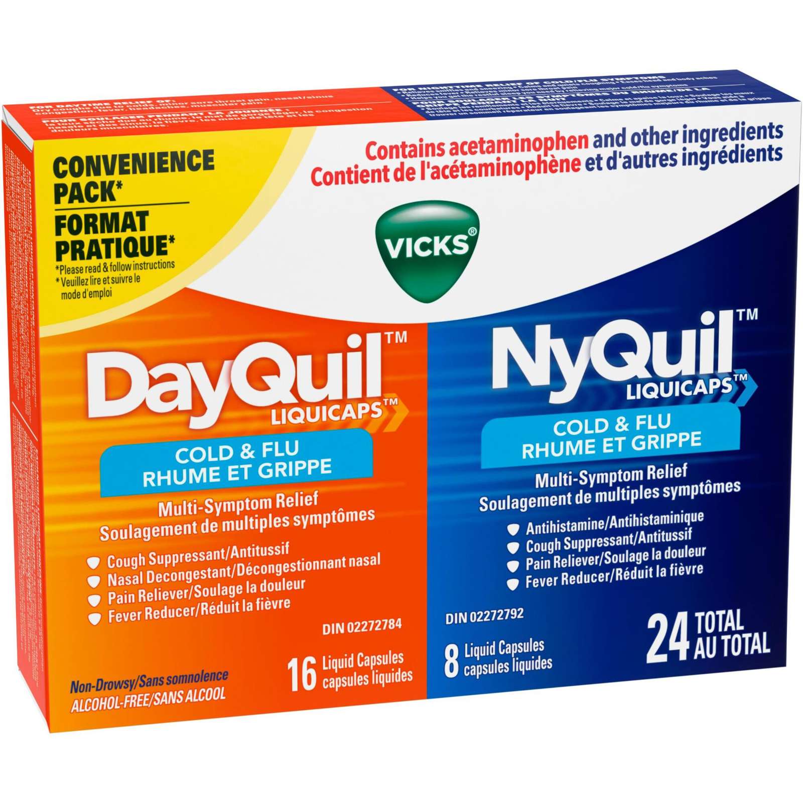 DayQuil Cold & Flu Multi-Symptom Relief Liquid Capsules + Vicks NyQuil Cold & Flu Multi-Symptom Relief Liquid Capsules, Total 24 Count