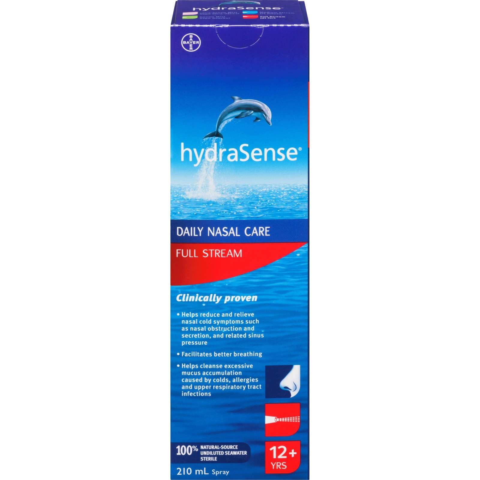 hydraSense Full Stream Nasal Spray, Daily Nasal Care, Fast Relief of Nasal Congestion, 100% Natural Source Seawater, Preservative-Free, 210 mL