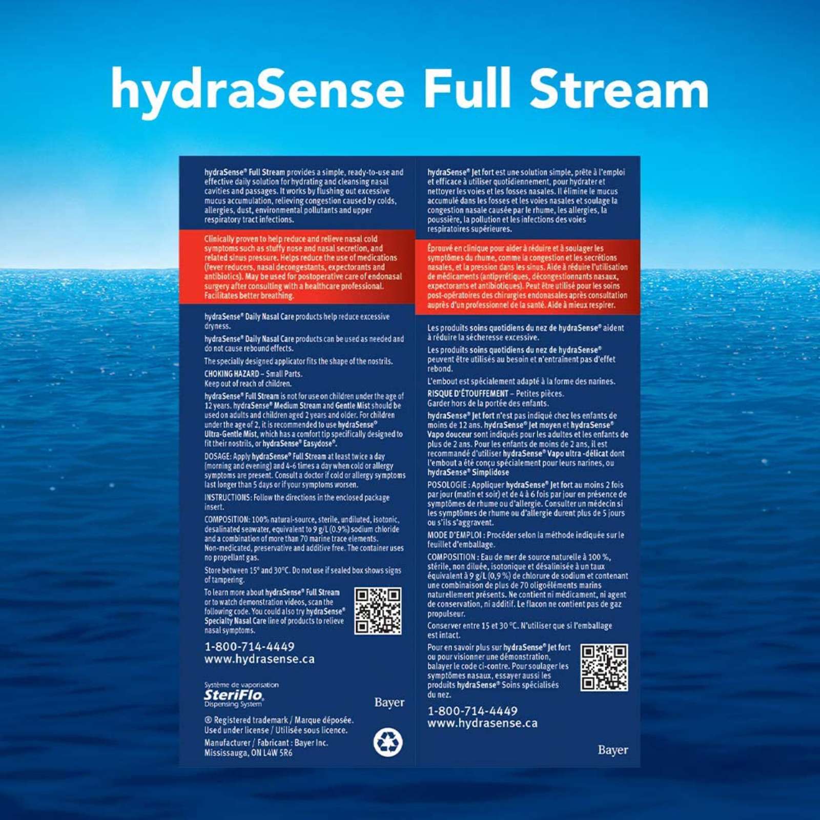 hydraSense Full Stream Nasal Spray, Daily Nasal Care, Fast Relief of Nasal Congestion, 100% Natural Source Seawater, Preservative-Free, 210 mL
