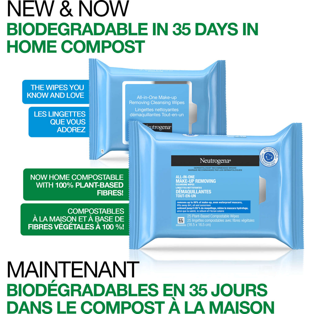 All-in-One Make-Up Removing Cleansing Wipes, Plant Based and Compostable