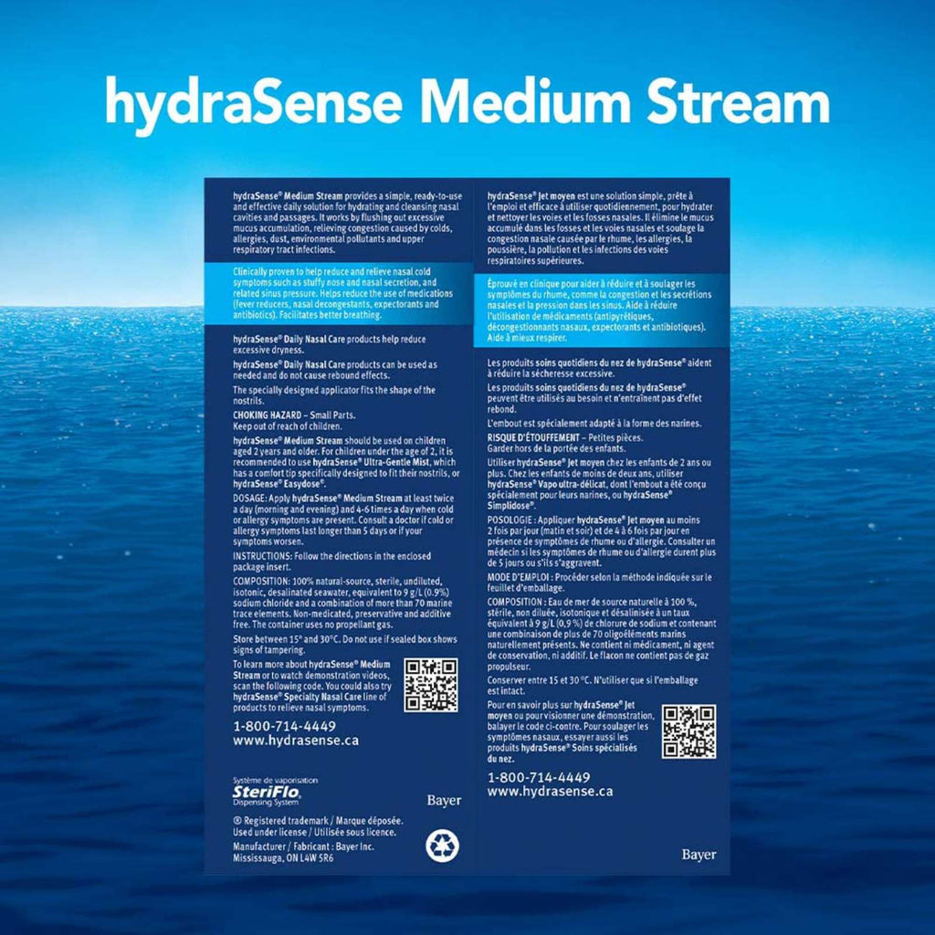 hydraSense Medium Stream Nasal Spray, Daily Nasal Care, Fast Relief of Nasal Congestion, 100% Natural Source Seawater, Preservative-Free, 100 mL