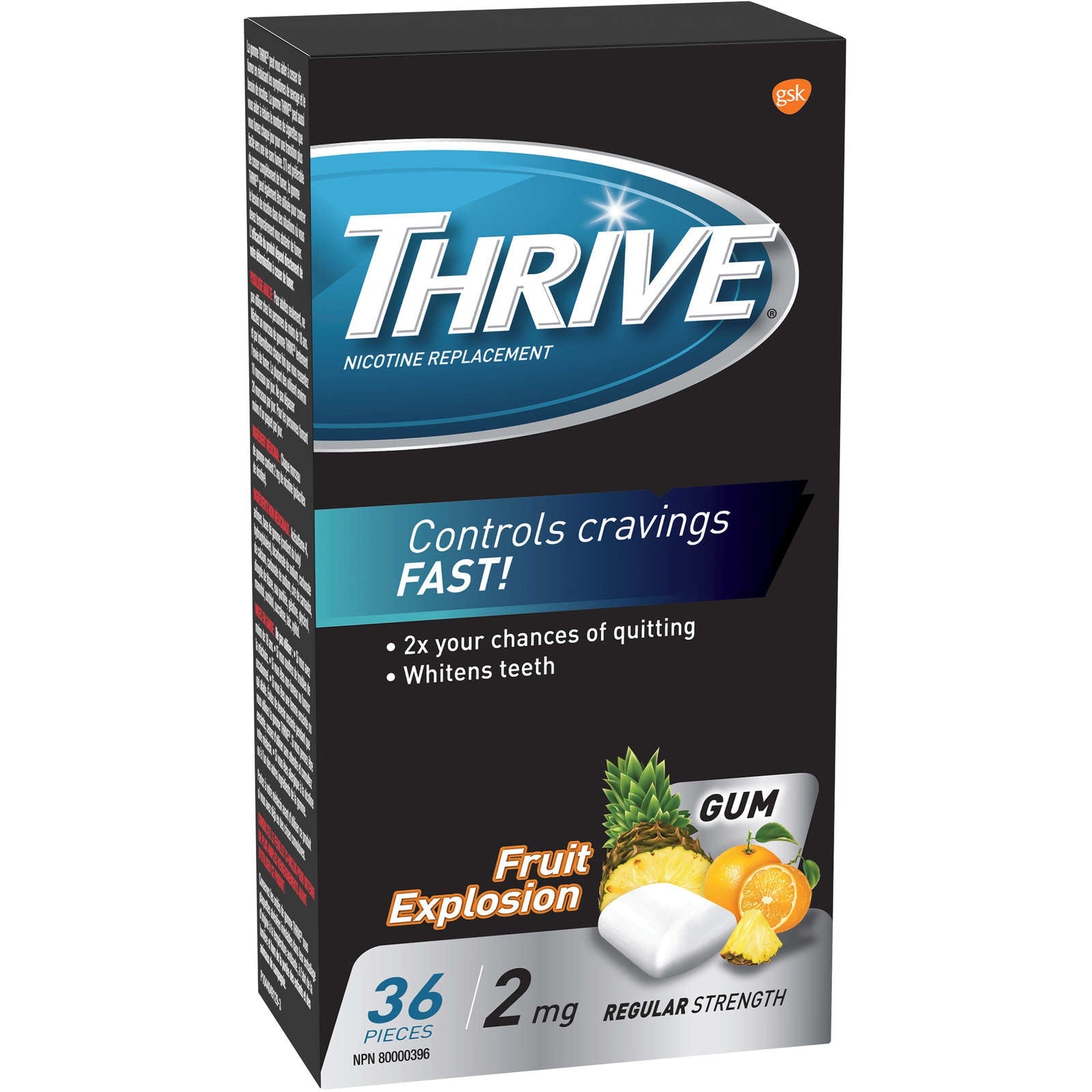 Thrive Gum 2mg Regular Strength Nicotine Replacement Fruit Explosion 36 count
