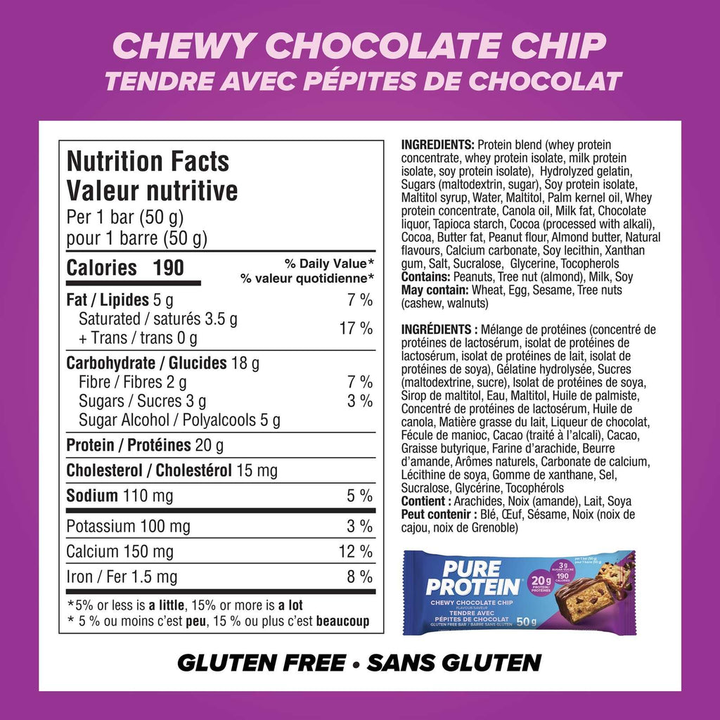 Pure Protein Bars, Chewy Chocolate Chip, Gluten Free Snack Bar