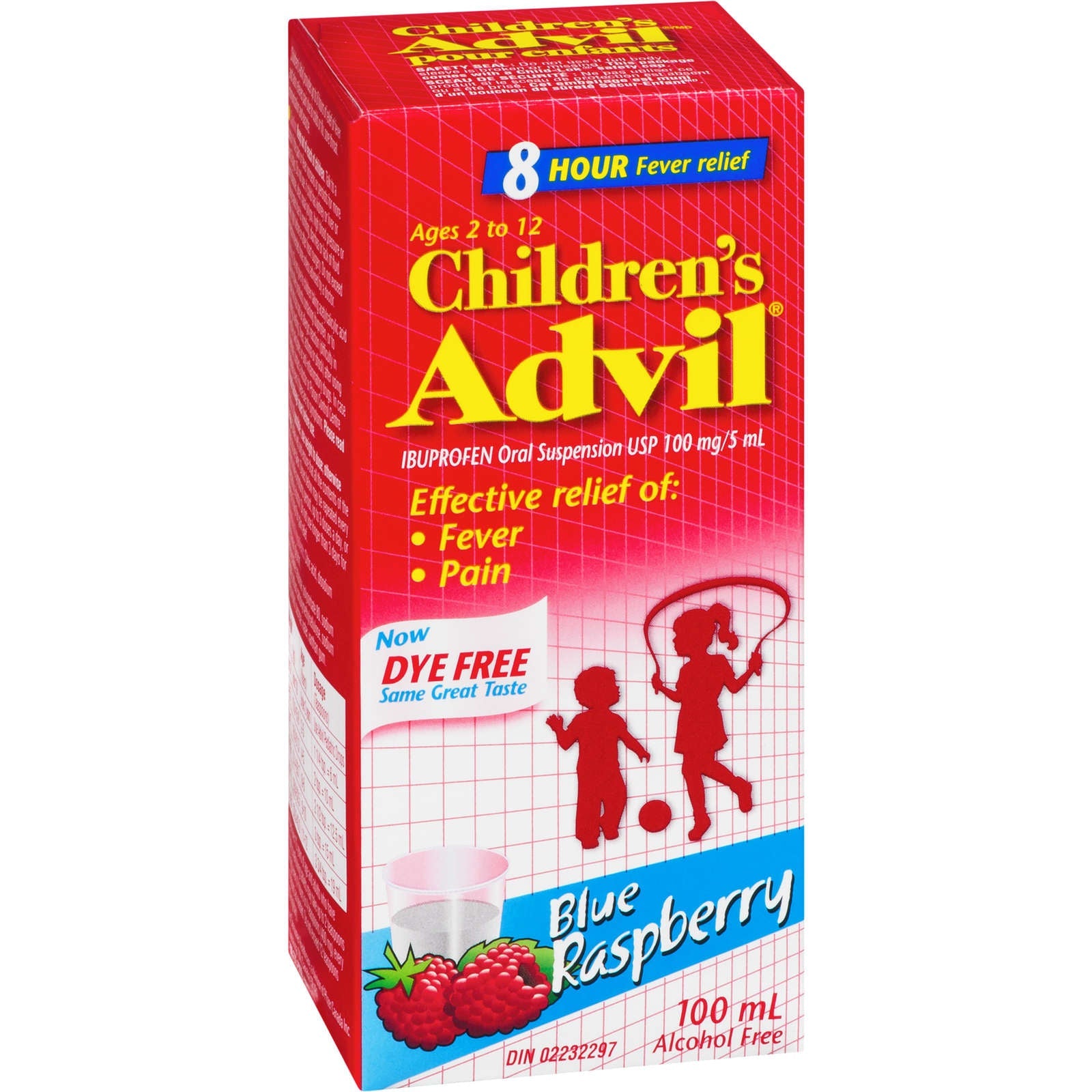 Children's Advil Fever and Pain Relief Ibuprofen Oral Suspension, Dye Free, Blue Raspberry, 100 mL