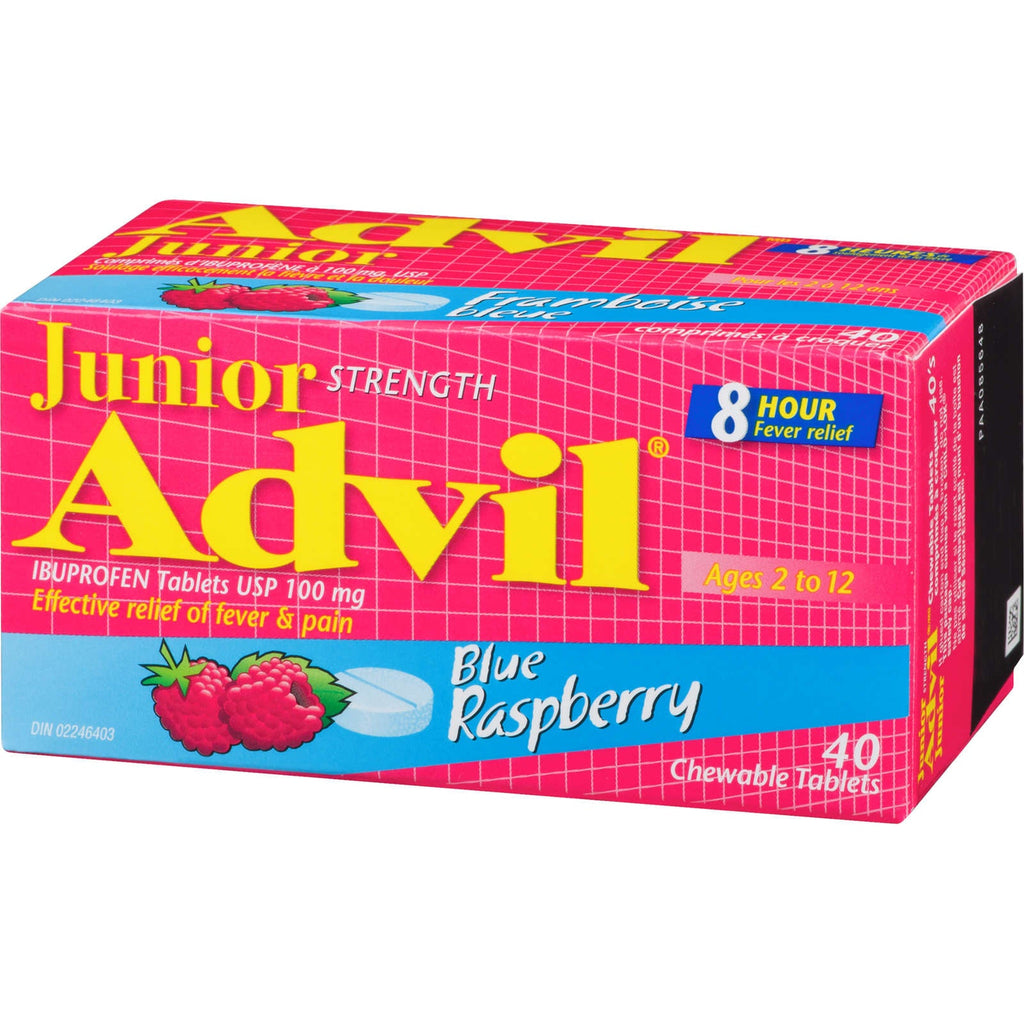 Junior Strength Advil Pain Reliever and Fever Reducer Ibuprofen Chewable Tablets, Blue Raspberry, 40 Count