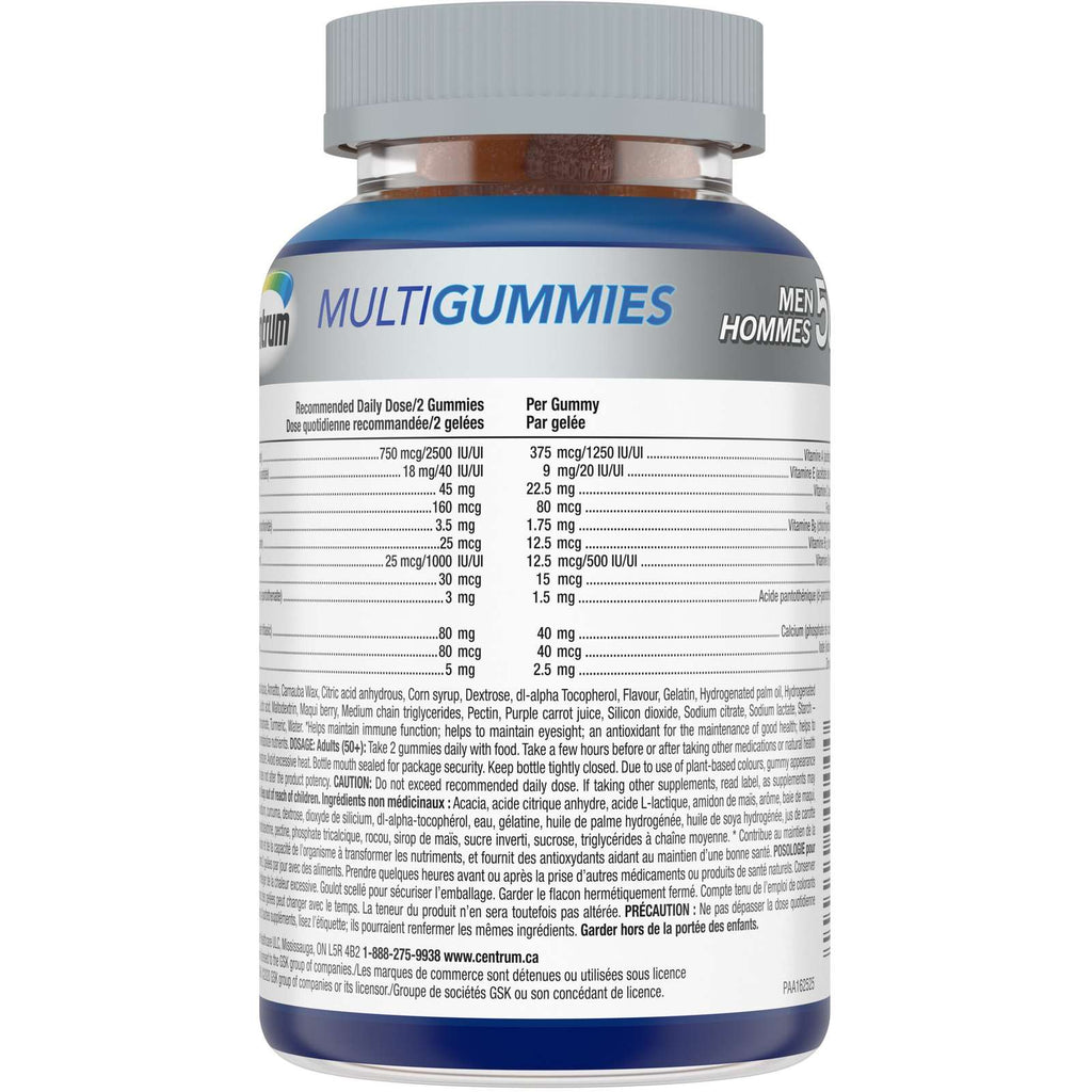 Centrum MultiGummies Men 50+ Multivitamin and Multimineral Supplement, Sour Apple, Tropical, and Mixed Berry Flavours, 120 Count