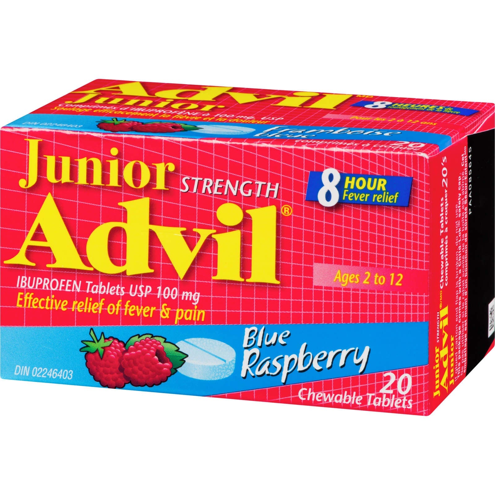 Junior Strength Advil Pain Reliever and Fever Reducer Ibuprofen Chewable Tablets, Blue Raspberry, 20 Count
