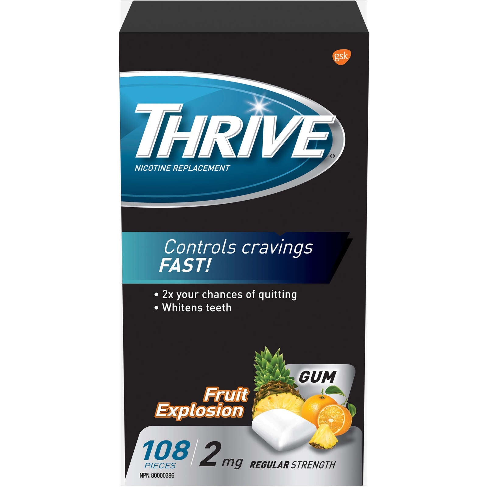 Thrive Gum 2mg Regular Strength Nicotine Replacement Fruit Explosion  108 count