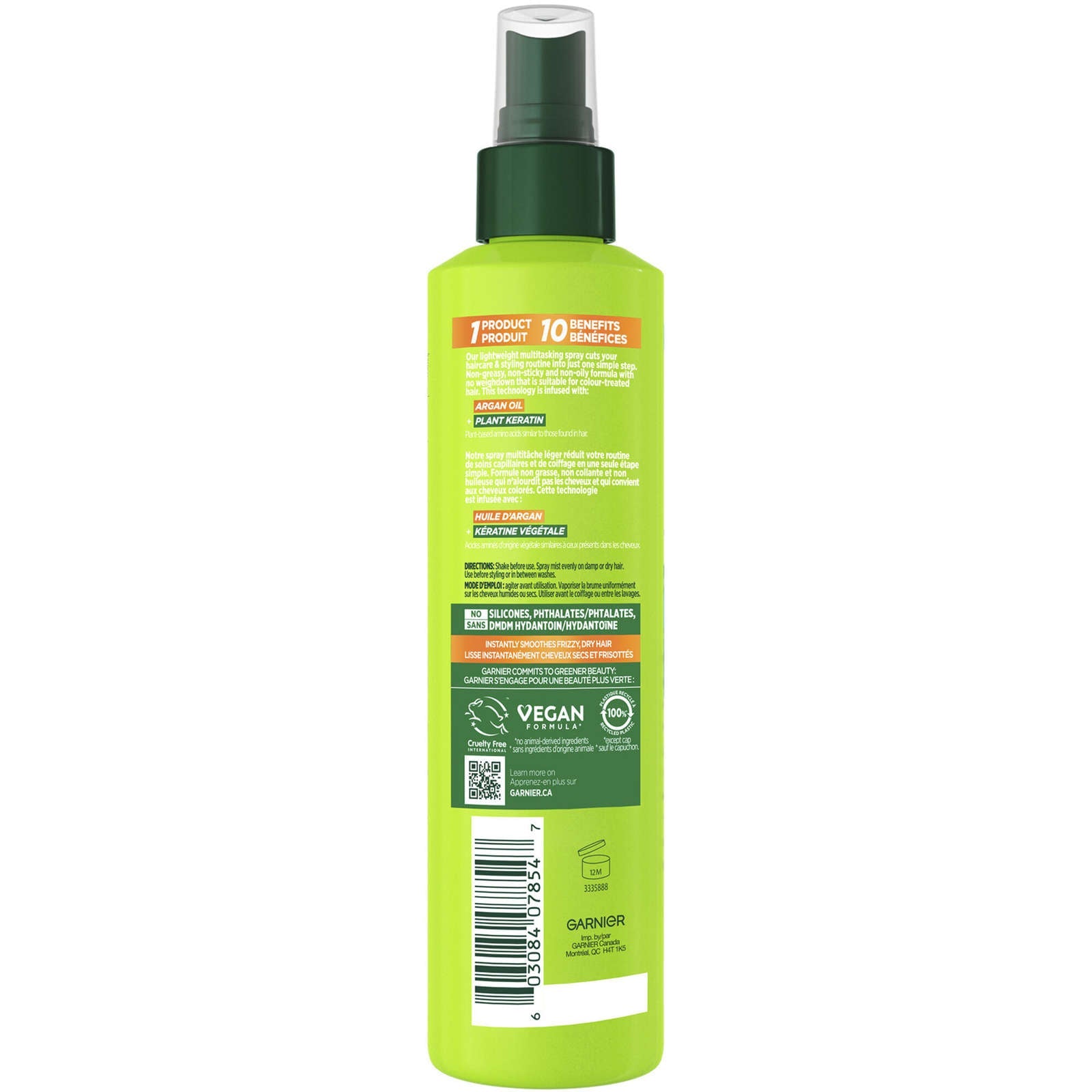 Fructis Sleek & Shine, 10-In-1 Repairing Leave-In Spray For Frizzy & Dry Hair with Heat Protection, With Argan Oil and Plant Keratin