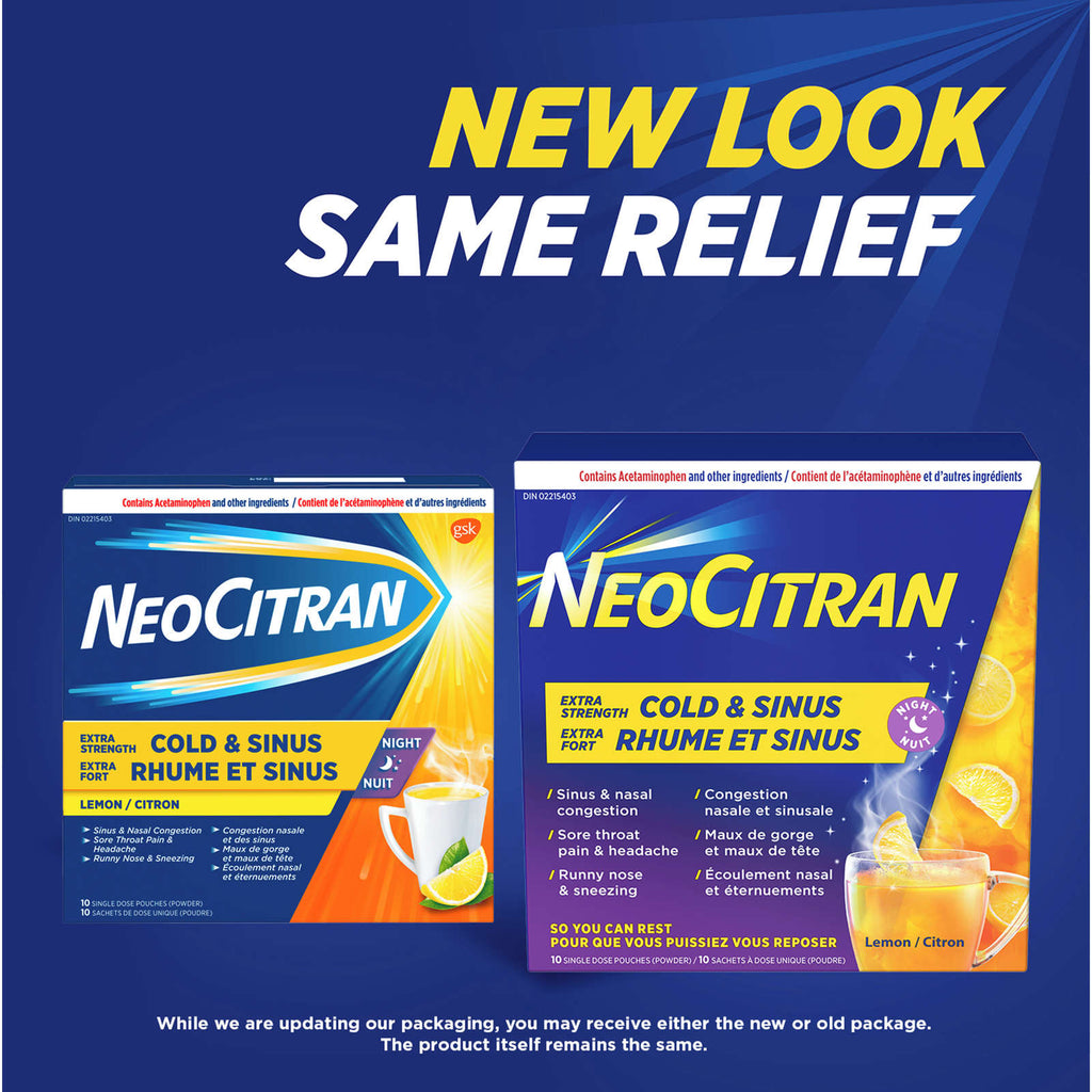 NeoCitran Cold & Sinus Night Hot Liquid Medication Extra Strength Lemon 10 pack