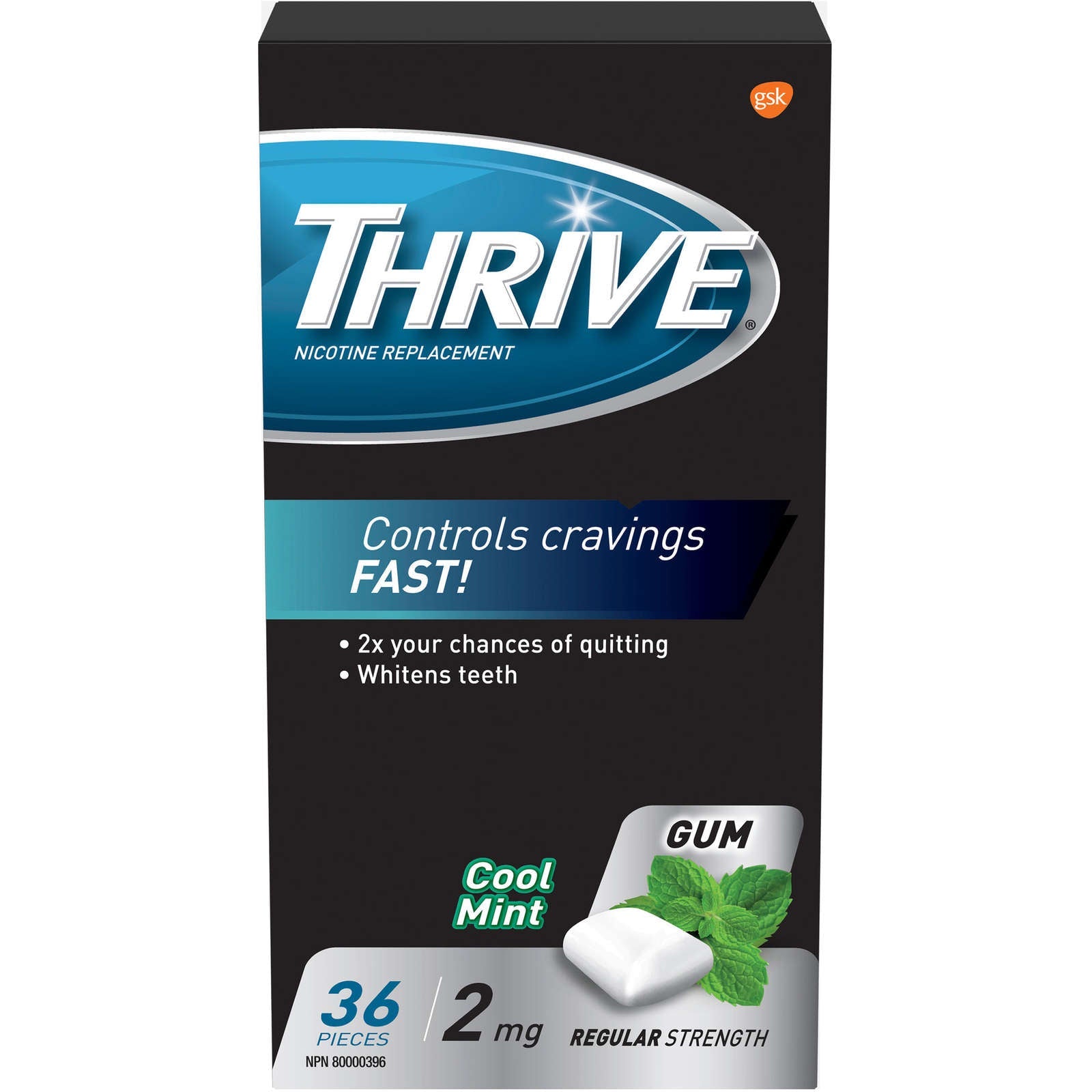 Thrive Gum 2mg Regular Strength Nicotine Replacement Cool Mint 36 count