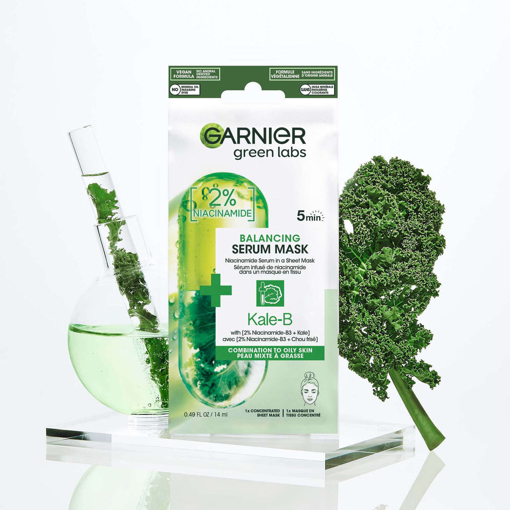 Garnier Beauty Serum Sheet Mask with Niacinamide + Kale, Balancing Skin Care for Oily skin, 1 Tissue Mask (14 mL)