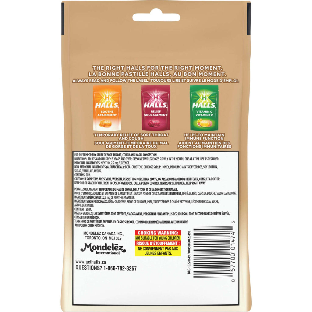 Halls Soothe Menthol Honey Vanilla Flavour, 30 Cough Drops