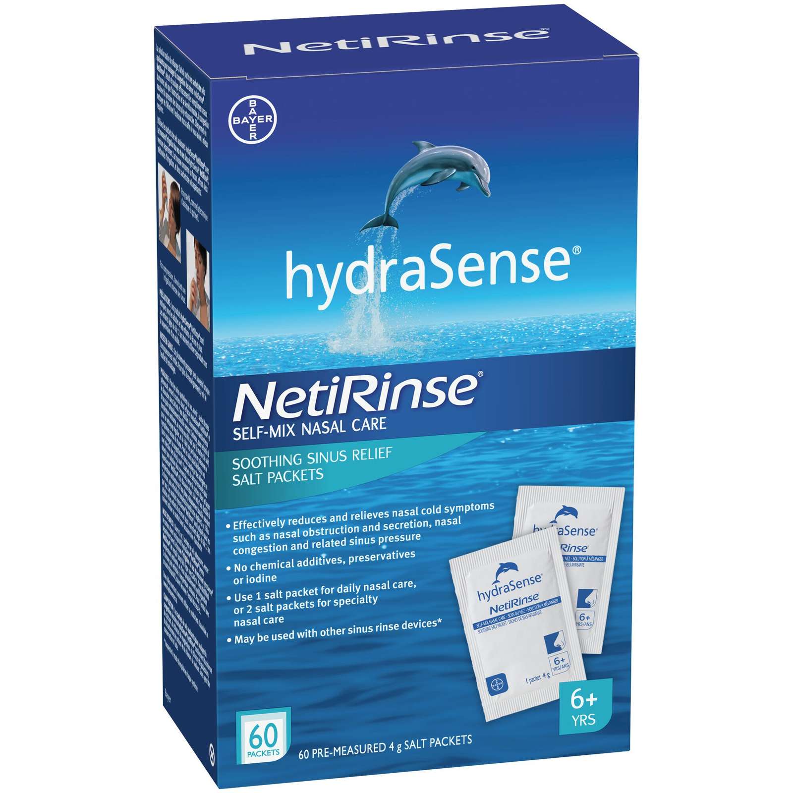 hydraSense NetiRinse Refill Salt Packets, Universal Pre-Measured Self-Mix Packets, Reduces and Relieves Nasal Cold Symptoms, 60 Sachets