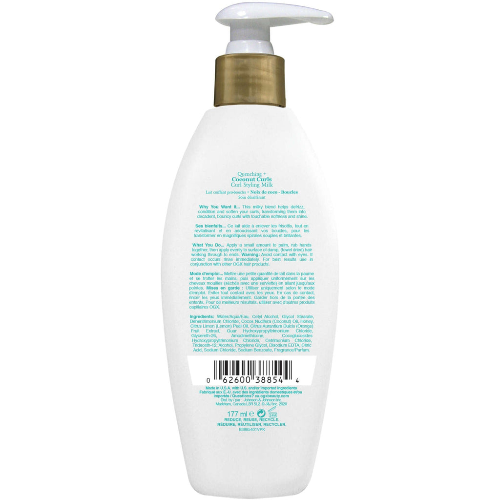 Quenching + Coconut Curls Frizz-Defying Curl Styling Milk, Nourishing Leave-In Hair Treatment with Coconut Oil, Citrus Oil & Honey, Paraben-Free and Sulfated-Surfactants Free