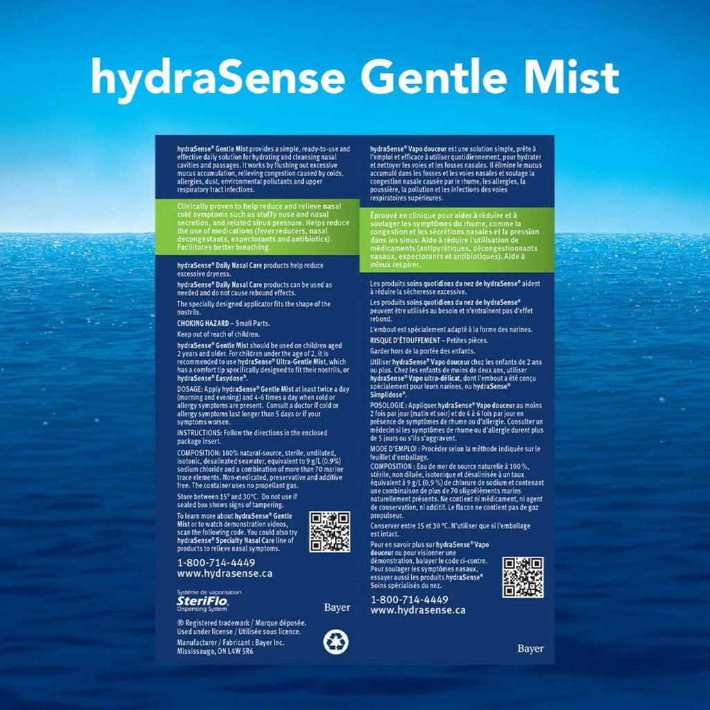 hydraSense Gentle Mist Nasal Spray, Daily Nasal Care, Fast Relief of Nasal Congestion, 100% Natural Source Seawater, Preservative-Free, 100 mL