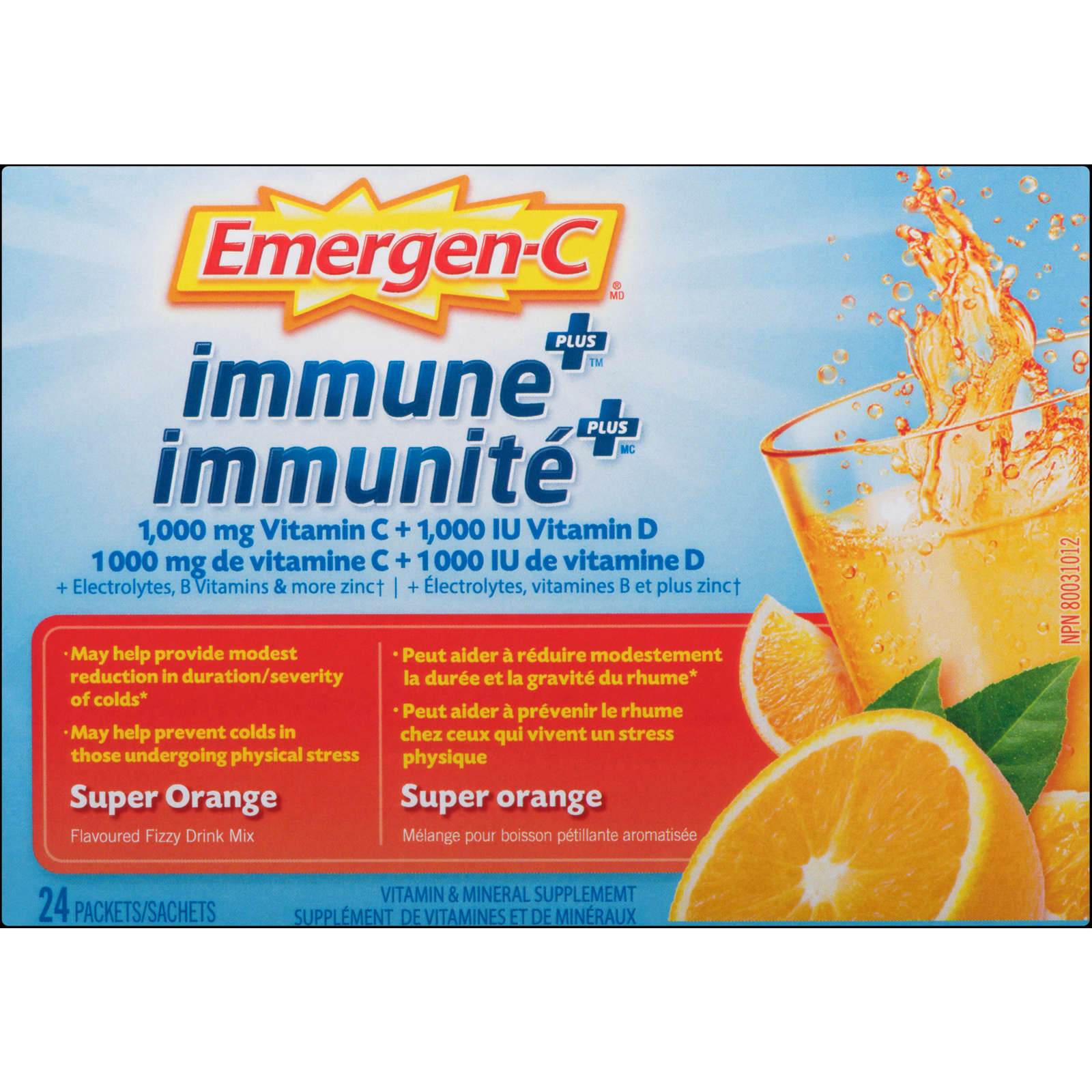 Emergen-C Immune+ Vitamin C & Mineral Supplement Fizzy Drink Mix, Super Orange