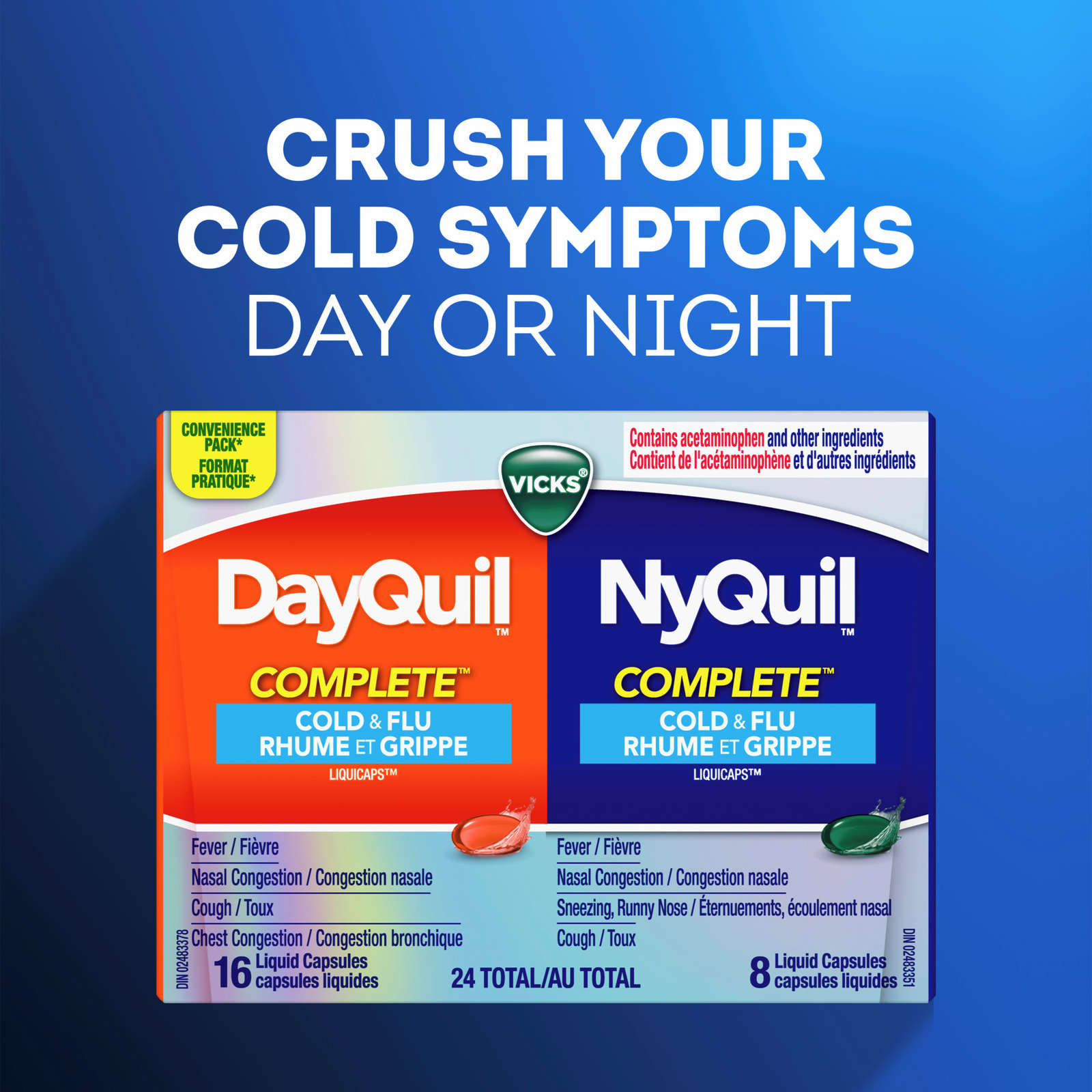Vicks DayQuil and NyQuil COMPLETE Cold, Flu and Congestion Medicine, 36 LiquiCaps, Relieves Cough, Sore Throat Pain, Fever, Runny Nose, Congestion, Daytime and Nighttime