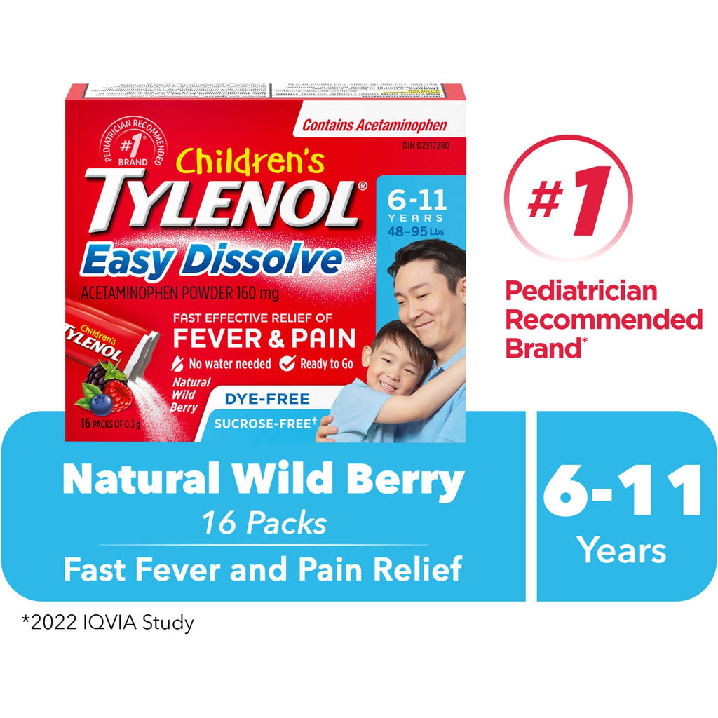Children’s Easy Dissolve Natural Wild Berry flavour Acetaminophen Powder – Kids Fever, Headache, Pain Relief, 160mg Acetaminophen