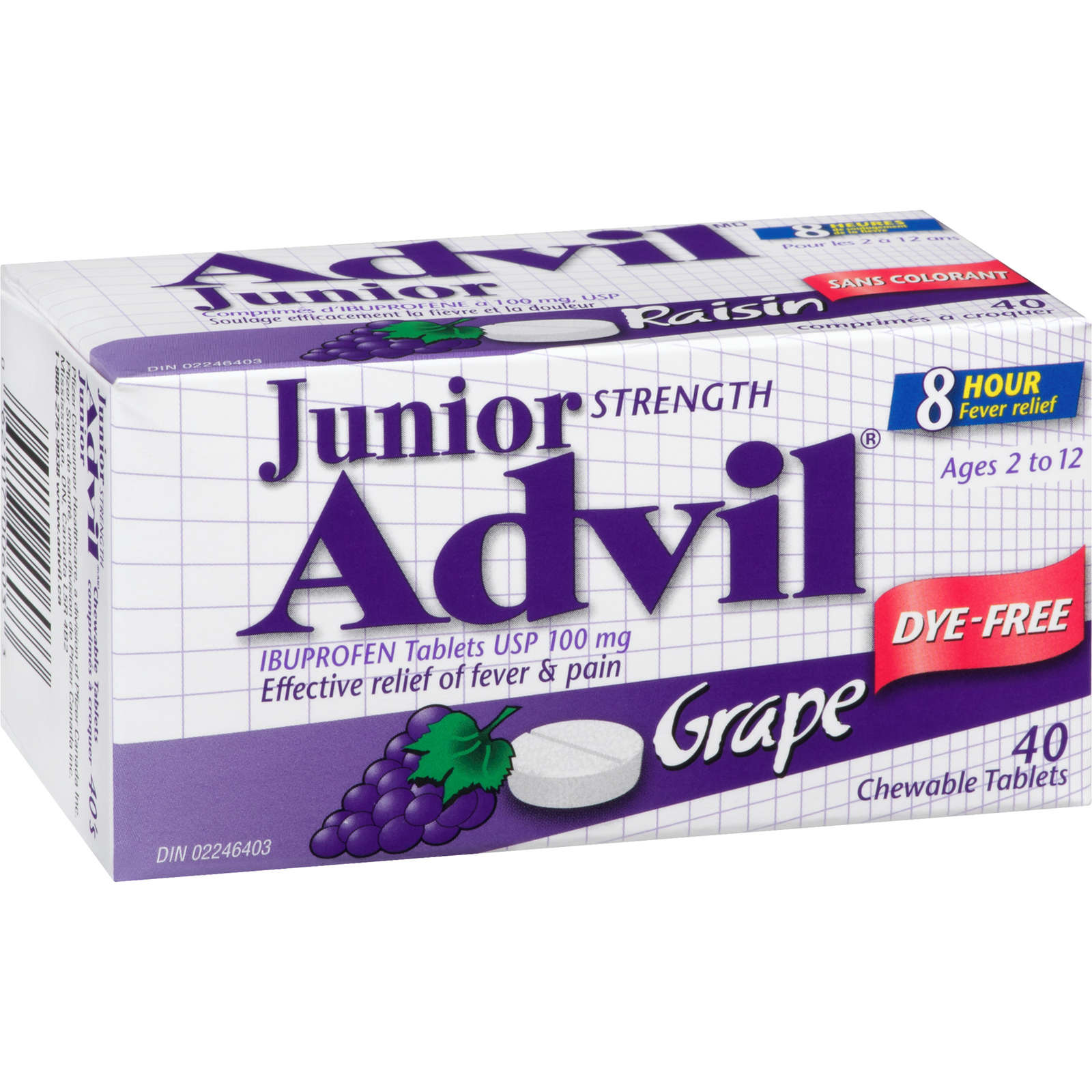 Junior Strength Advil Pain Reliever and Fever Reducer Ibuprofen Chewable Tablets, Dye Free, Grape, 40 Count