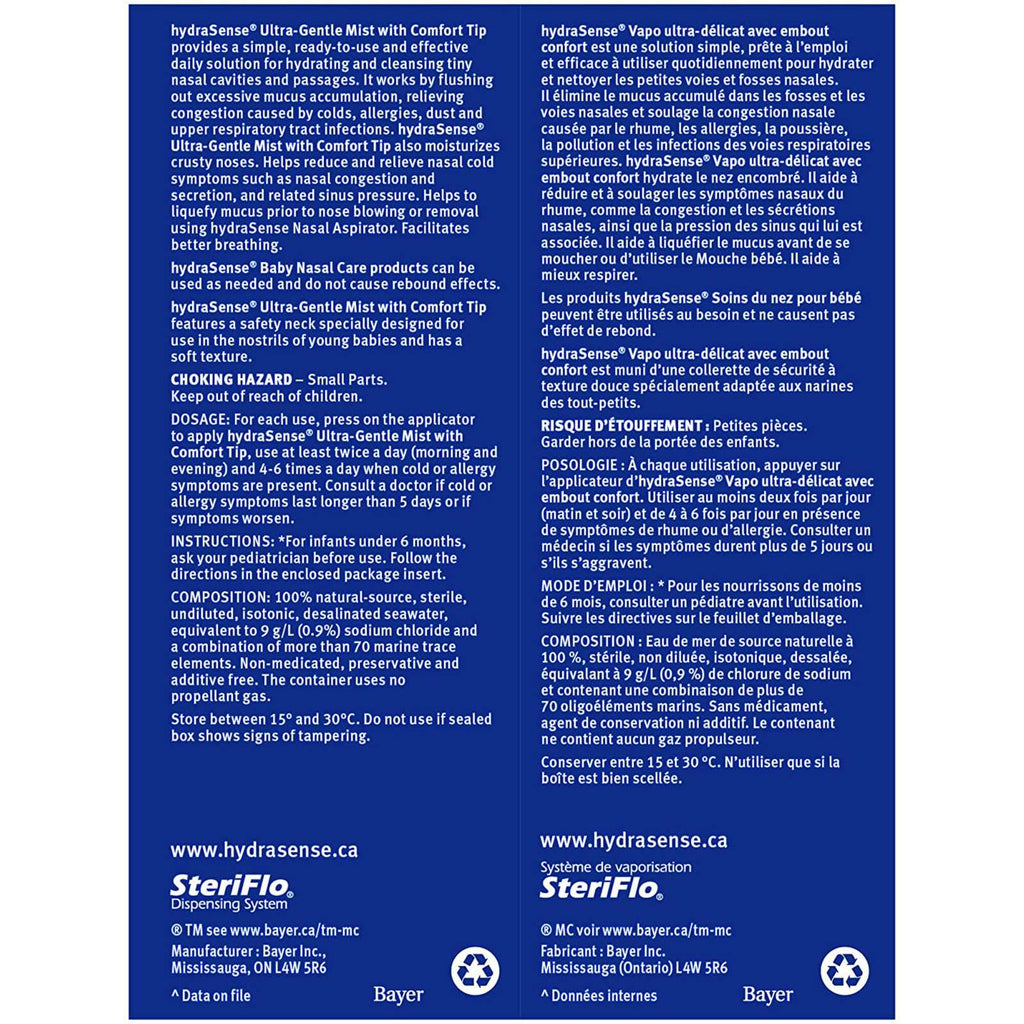 hydraSense Ultra-Gentle Mist Nasal Spray, Baby Nasal Care, 100% Natural Sourced Seawater, Preservative-Free, 100 mL