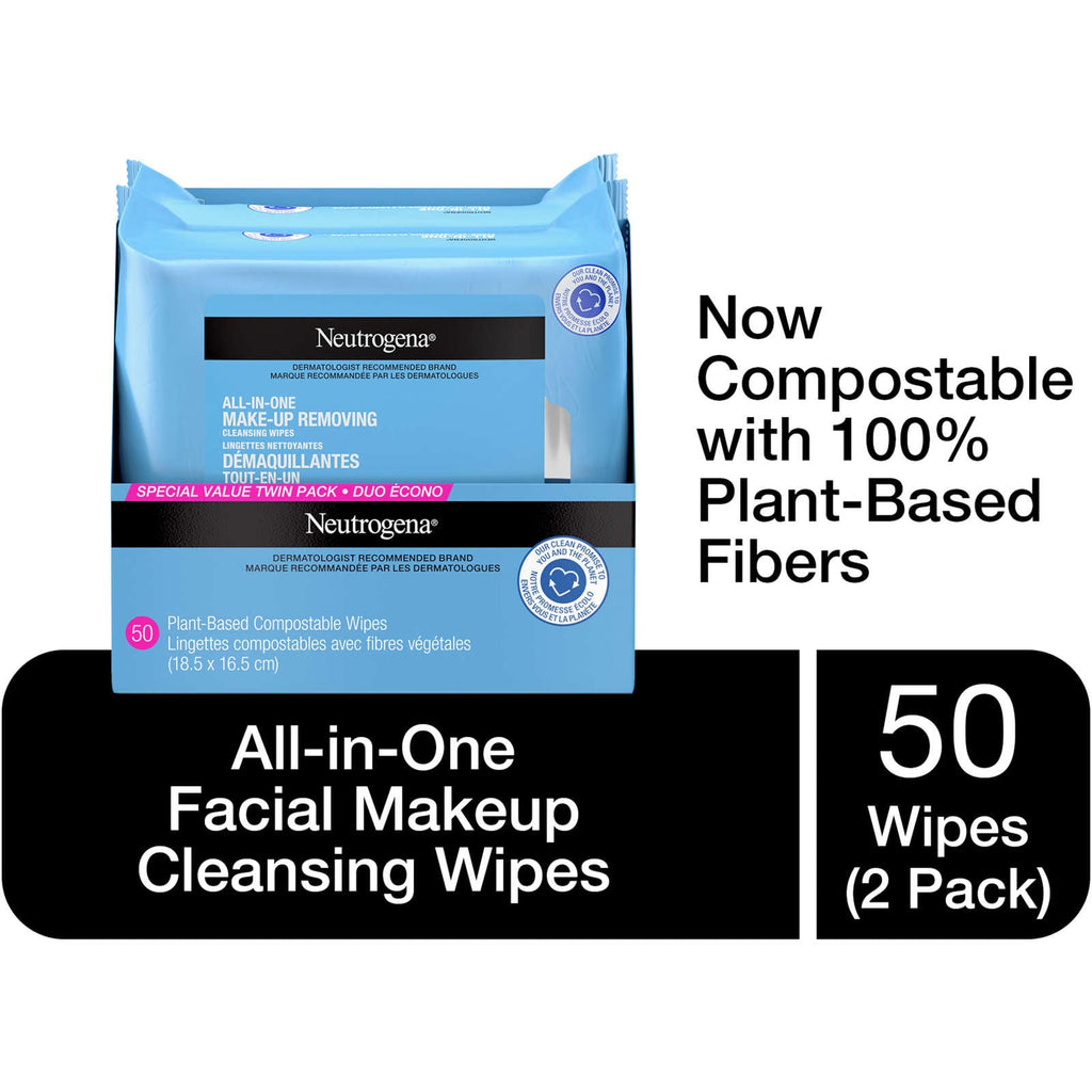 All In one Makeup Remover Facial Cleansing Wipes, Plant Based and  Compostable, Special Value Twin Pack