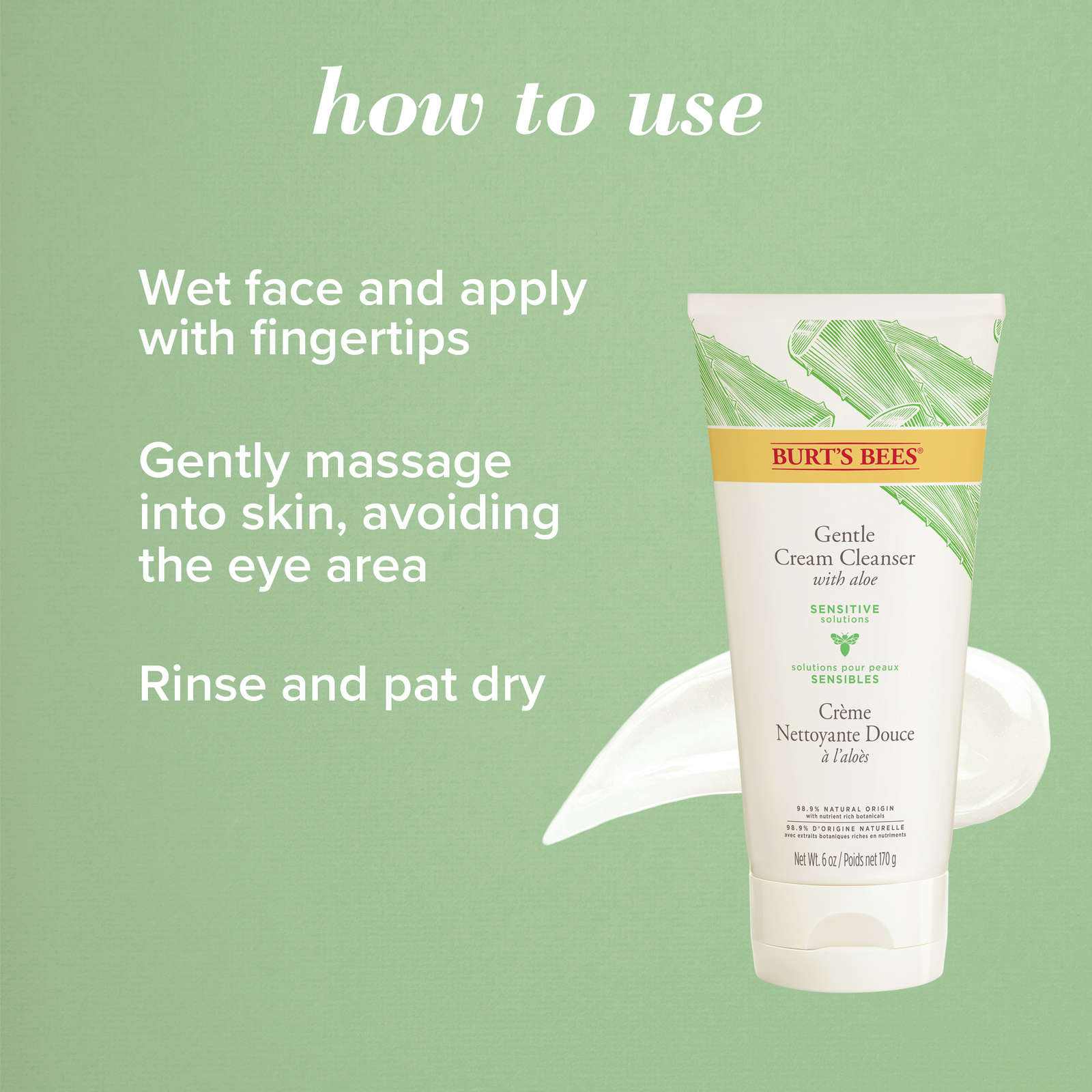 Sensitive Solutions Gentle Facial Cream Cleanser, Daily Face Wash for Sensitive Skin with Aloe, 98.9% Natural Origin, Developed with Dermatologists