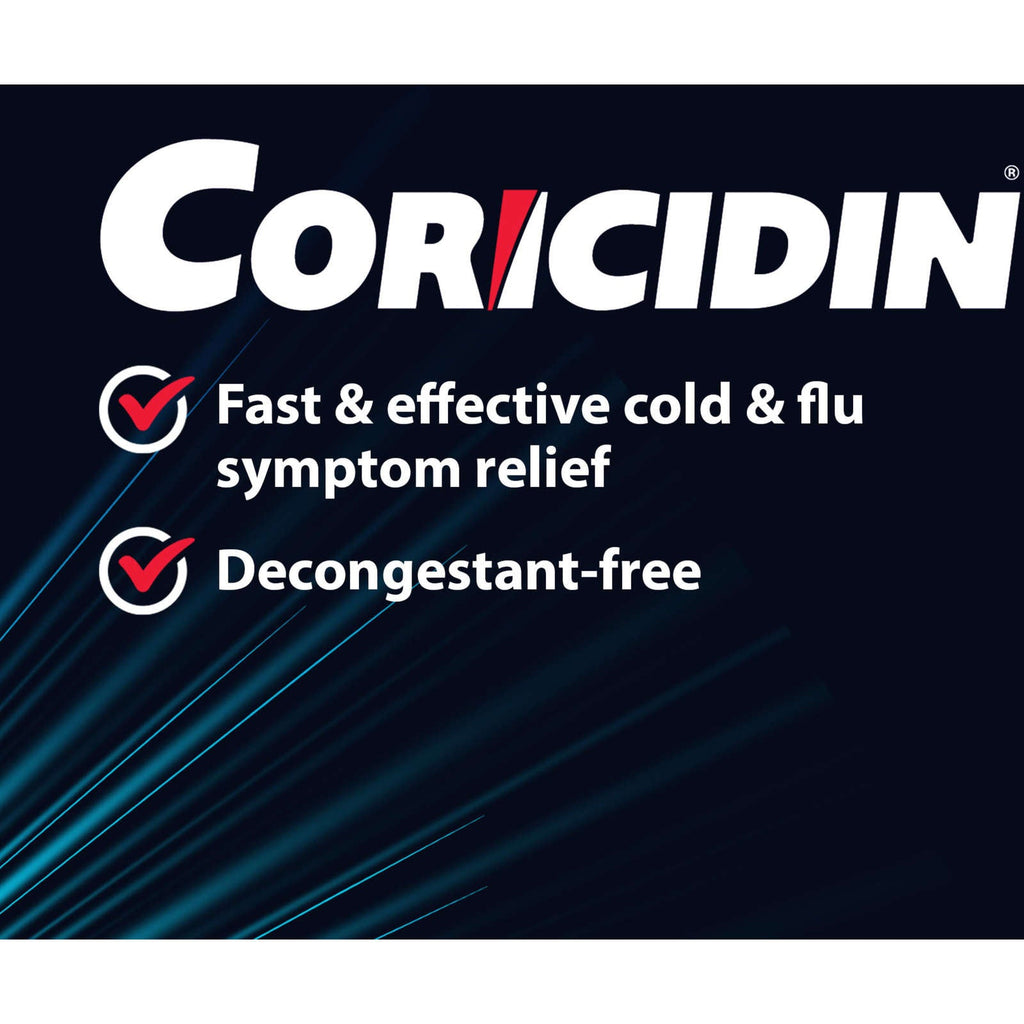 Coricidin Decongestant Free Cough and Cold Medicine - Cough, cold and flu medicine for adults – Effective Symptom Relief From Sore Throat, Cough, Chest Congestion, Fever, and Headaches, 24 Liquid Gels