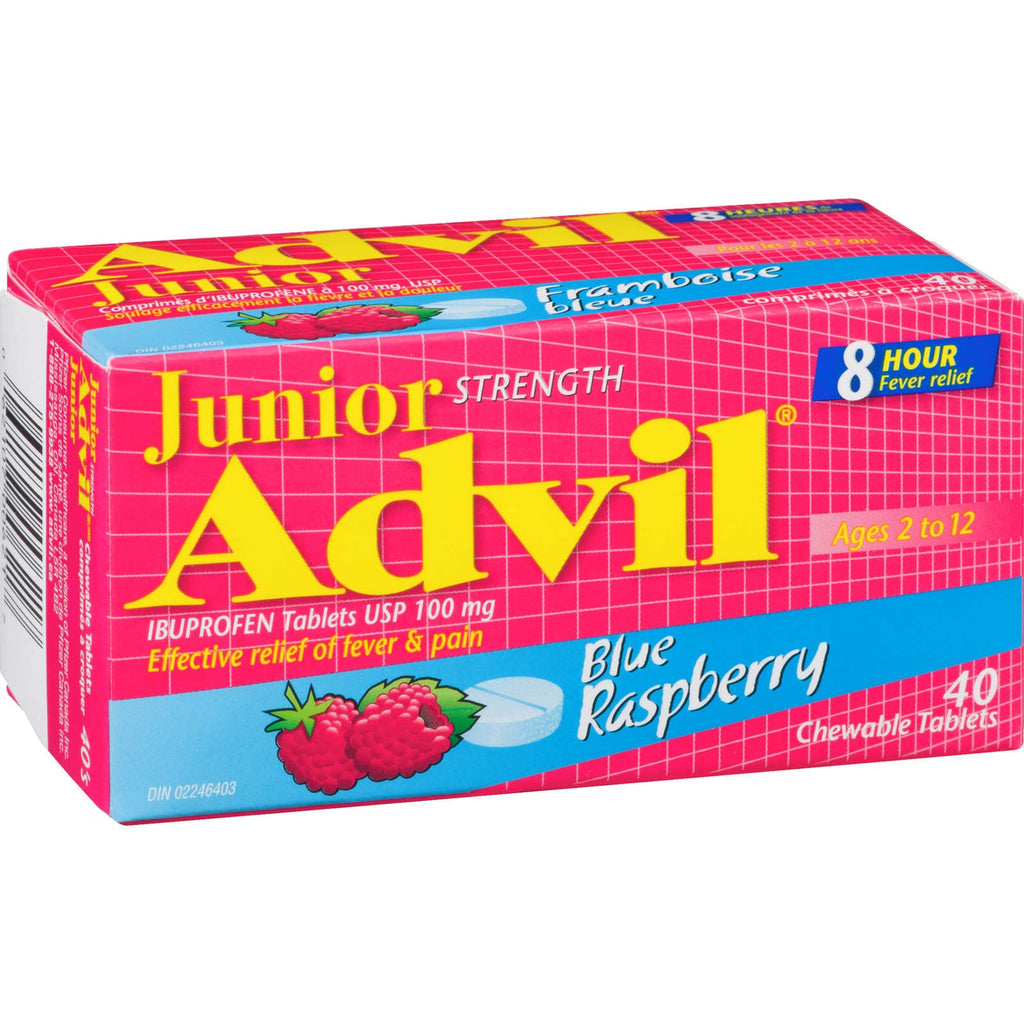 Junior Strength Advil Pain Reliever and Fever Reducer Ibuprofen Chewable Tablets, Blue Raspberry, 40 Count