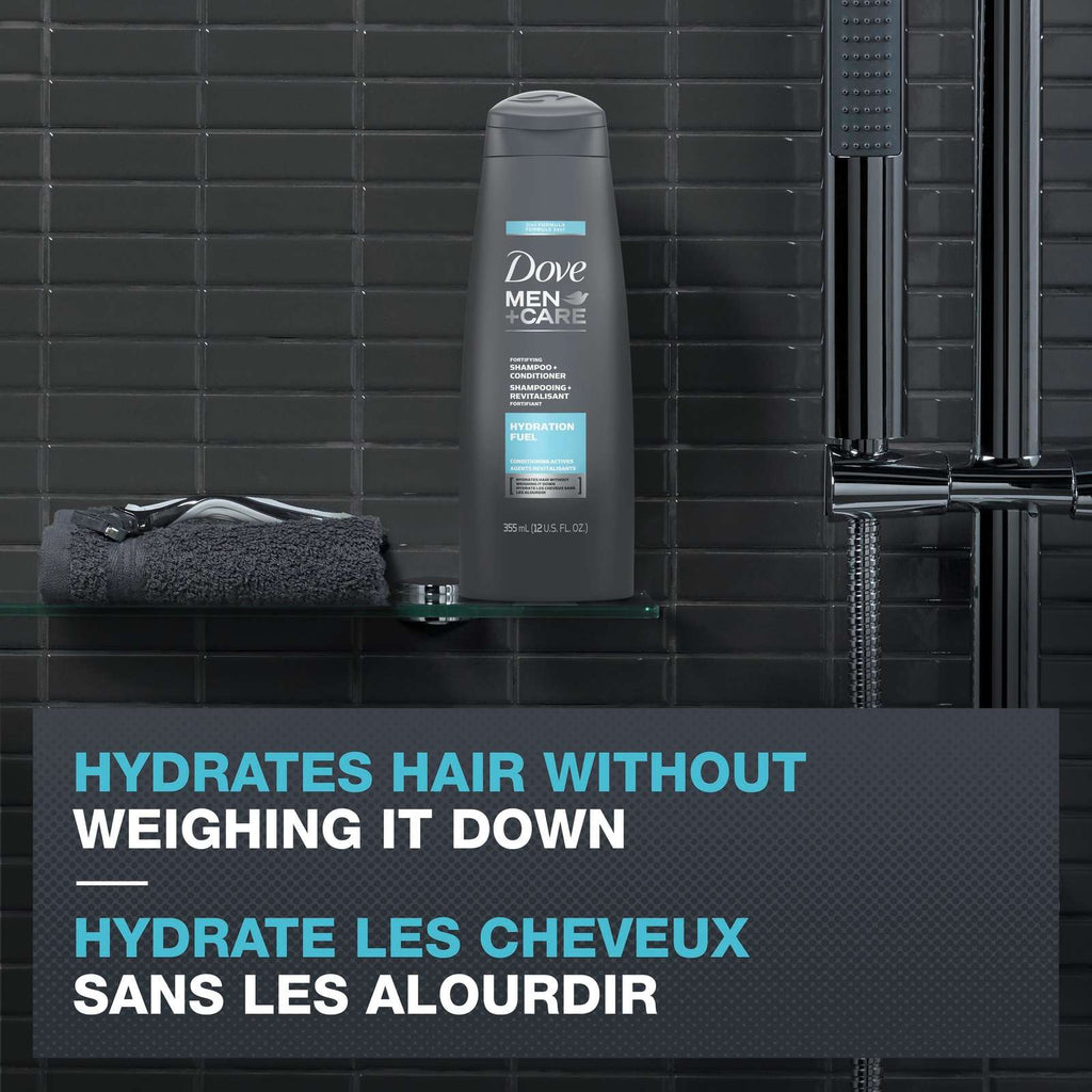 Dove Men+Care 2 in 1 Shampoo and Conditioner with conditioning actives Hydration Fuel fortifies with every wash 355 ml