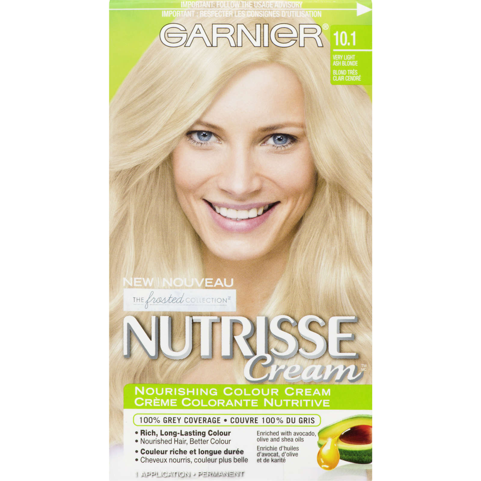 Garnier Nutrisse Hair Colour Cream with Avocado Oil for 100% Grey Coverage, 101 Light Ash Blonde Permanent Hair Dye, 1 Application