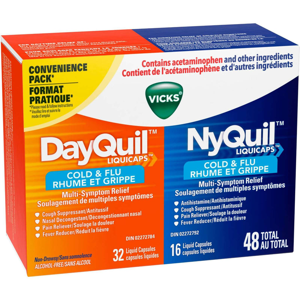 DayQuil Cold & Flu Multi-Symptom Relief Liquid Capsules + Vicks NyQuil Cold & Flu Multi-Symptom Relief Liquid Capsules, Total 48 Count