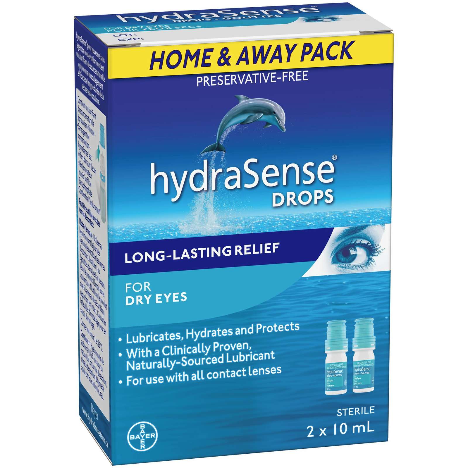hydraSense Eye Drops, For Dry Eyes, Fast and Long-Lasting Relief, Preservative Free, Naturally Sourced Lubricant, 2 x 10 mL