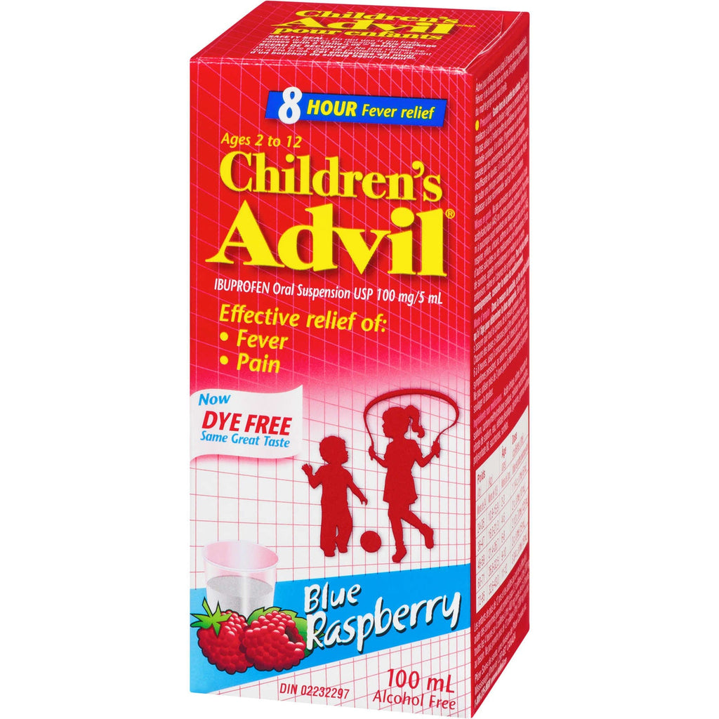 Children's Advil Fever and Pain Relief Ibuprofen Oral Suspension, Dye Free, Blue Raspberry, 100 mL