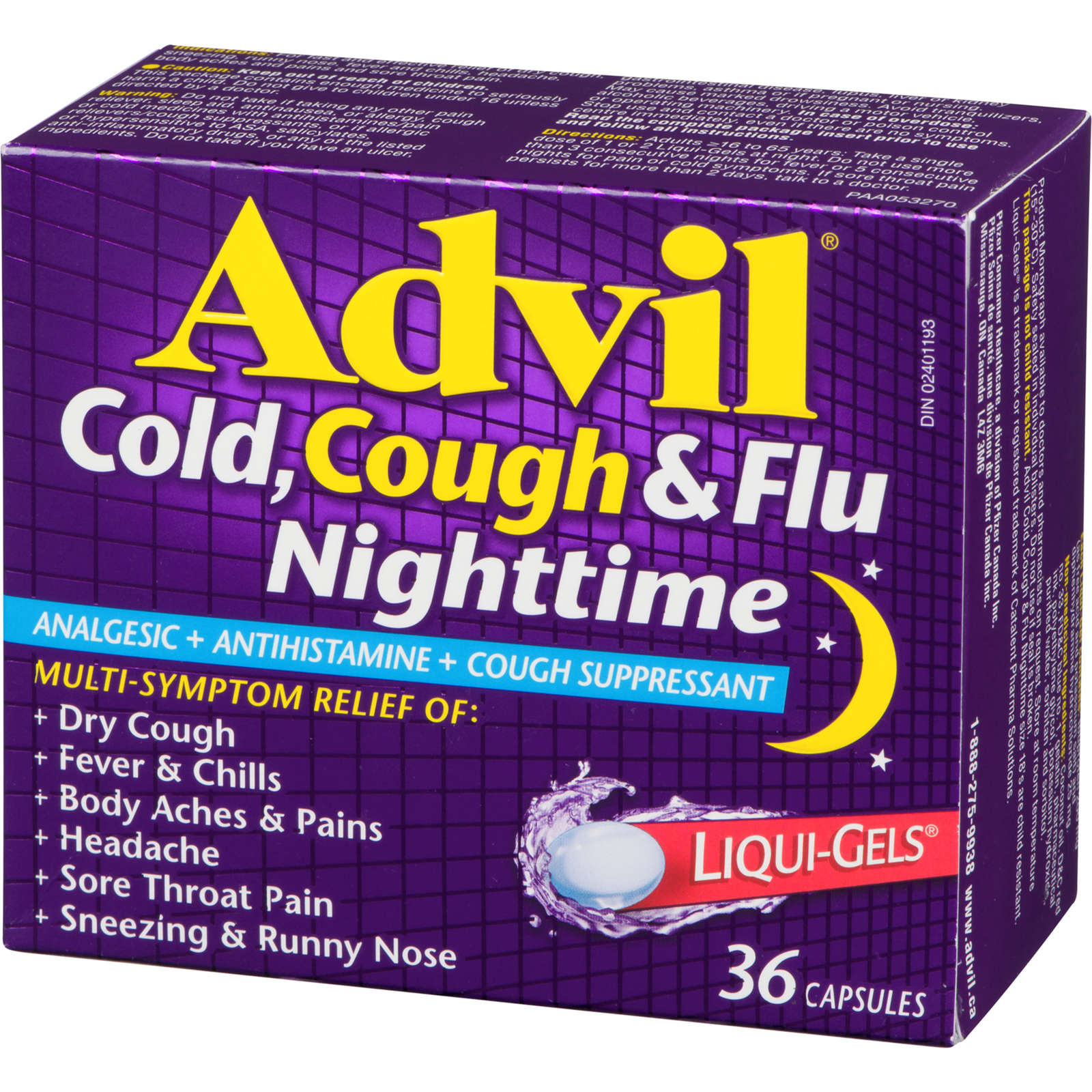 Advil Cold, Cough & Flu Nighttime Analgesic+Antihistamine+Cough Suppressant Liqui-Gels 36 Capsules