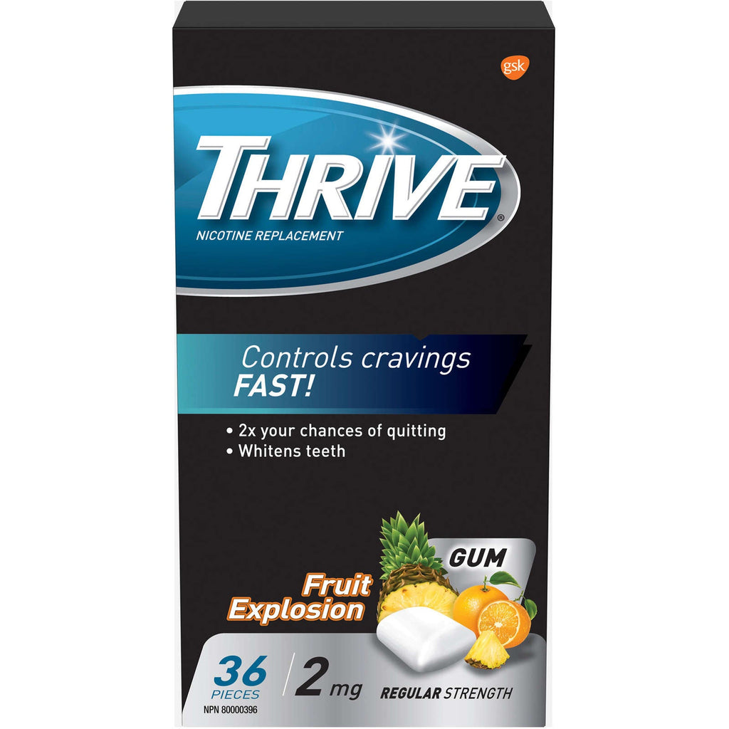 Thrive Gum 2mg Regular Strength Nicotine Replacement Fruit Explosion 36 count