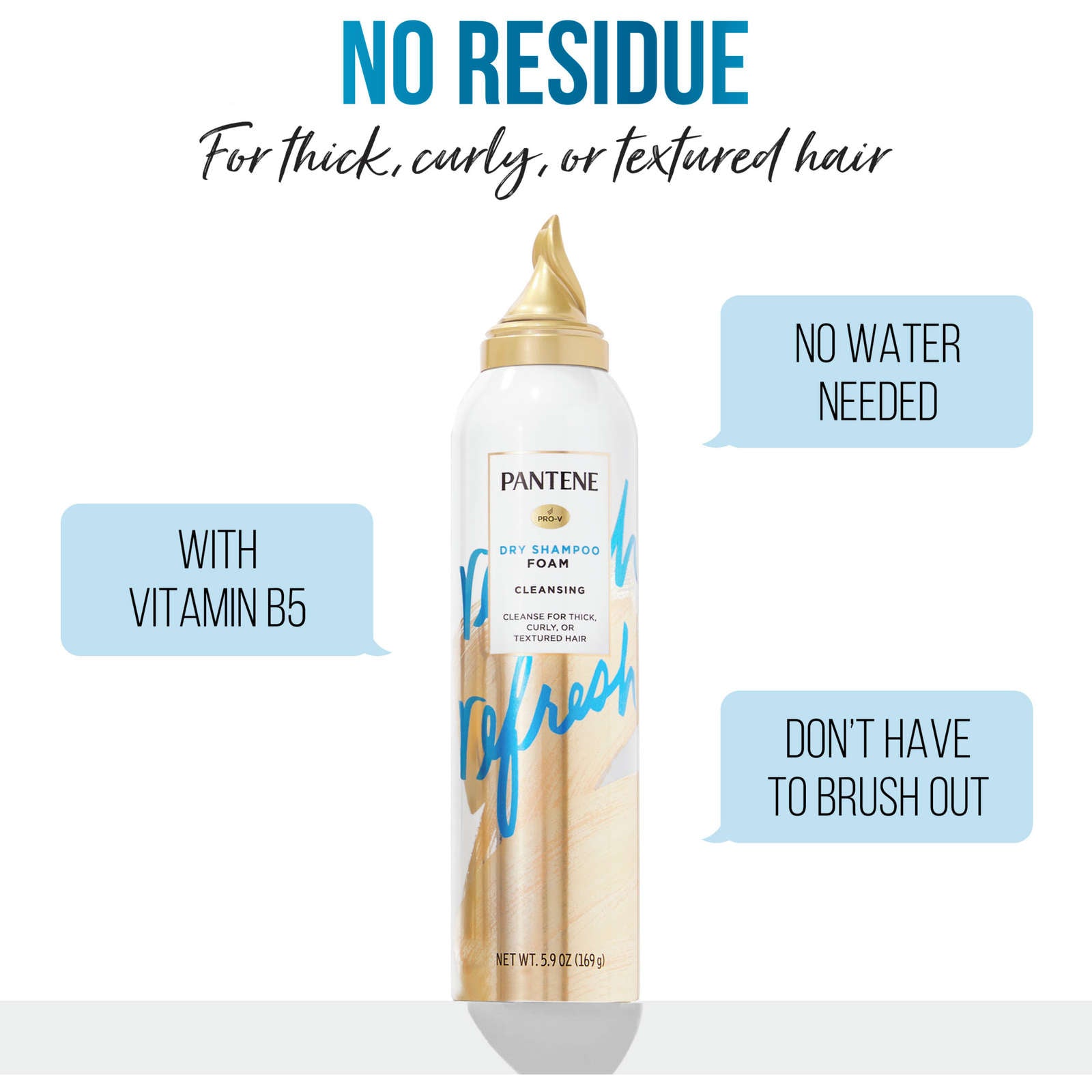 Dry Shampoo Foam, Gently Cleanses Hair with Vitamin B5, for Thick, Curly, Textured Hair, Safe for Color Treated Hair, Pro-V Refresh