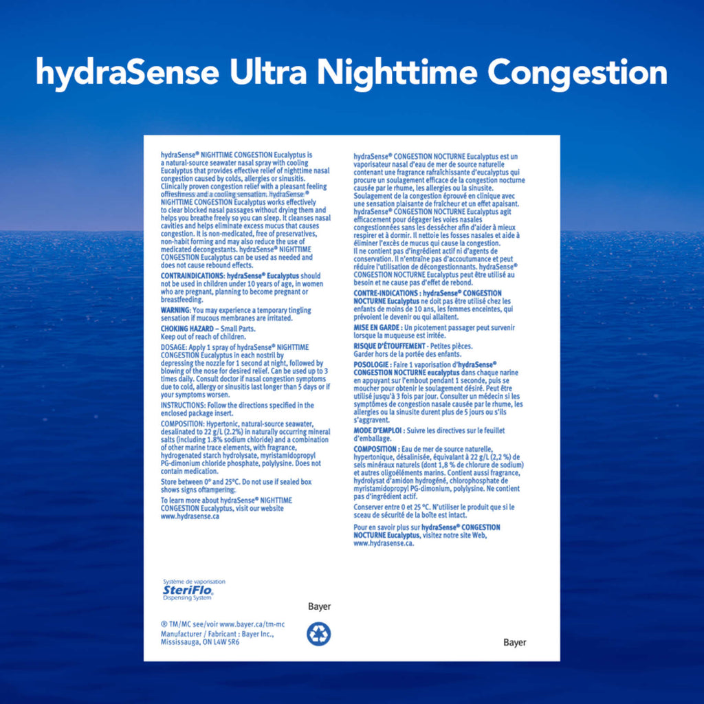 hydraSense Nighttime Congestion Nasal Spray -  with Cooling Eucalyptus, Ultra Nasal Congestion Relief Saline Spray, Fast Acting, Clinically-Proven, Non-Medicated, Non-Habit forming, Saline Solution, Natural Source Seawater, 20ml