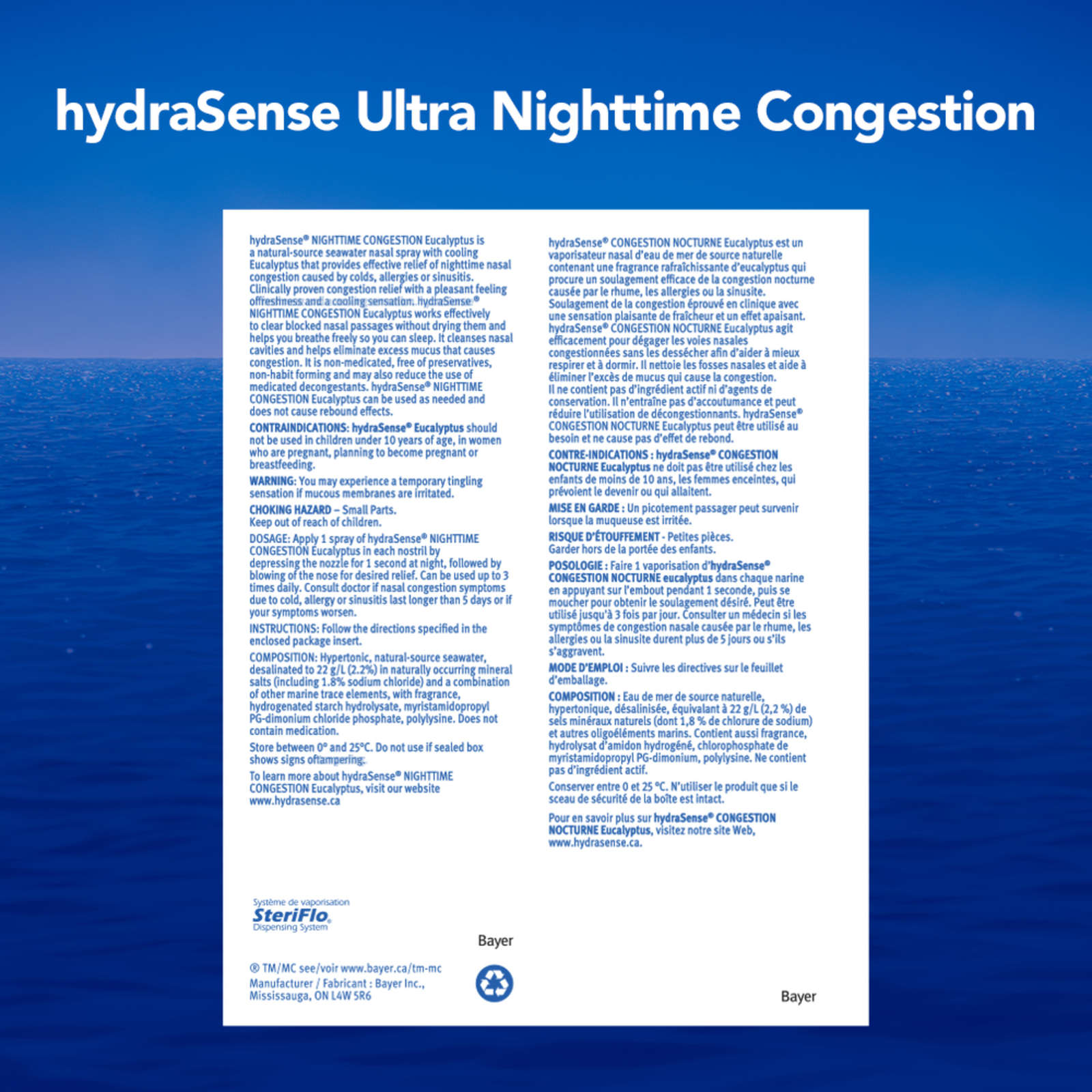 hydraSense Nighttime Congestion Nasal Spray -  with Cooling Eucalyptus, Ultra Nasal Congestion Relief Saline Spray, Fast Acting, Clinically-Proven, Non-Medicated, Non-Habit forming, Saline Solution, Natural Source Seawater, 20ml