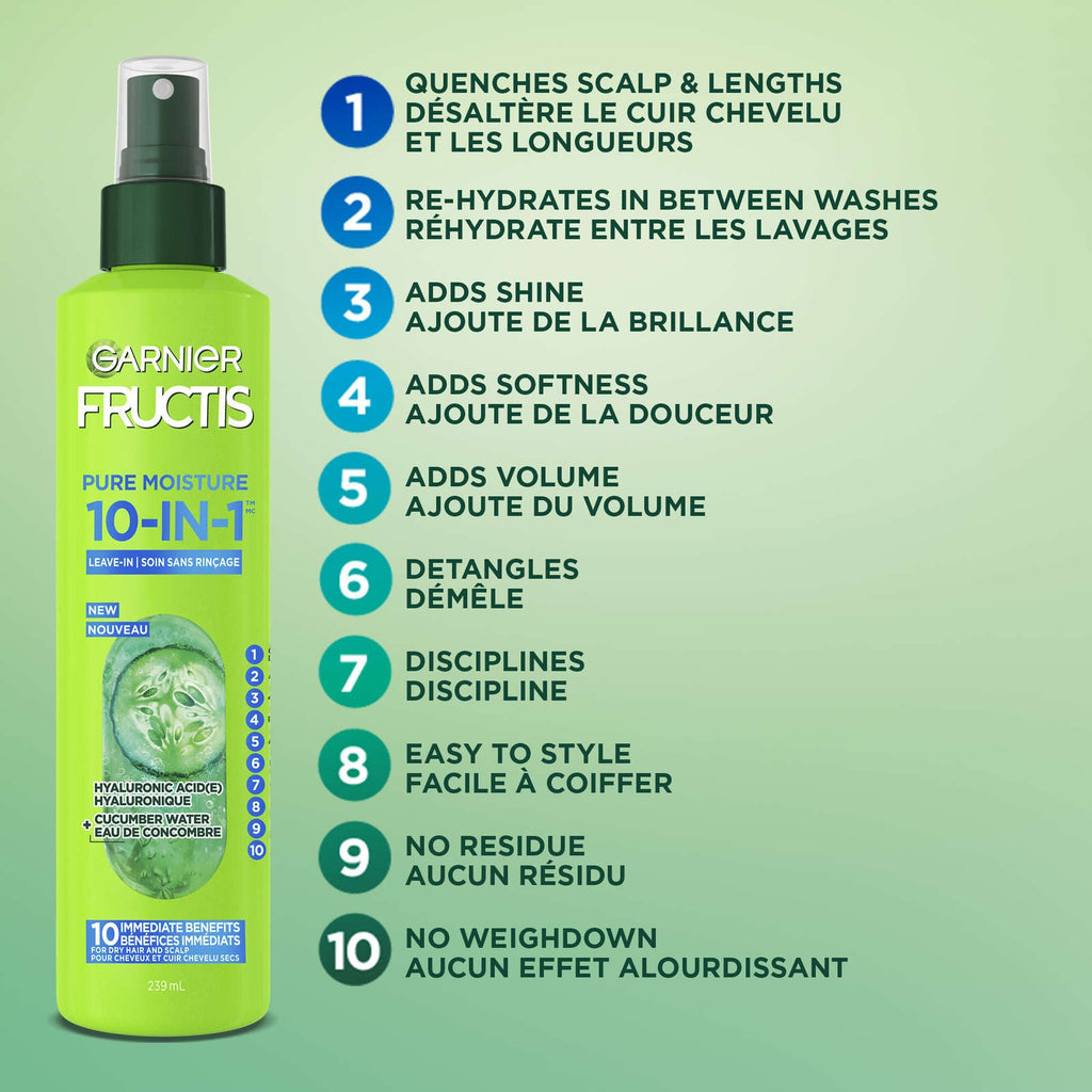 Fructis Pure Moisture 10-IN-1 Leave-In Spray, for Dry Hair and Scalp, with Hyaluronic Acid and Cucumber Water