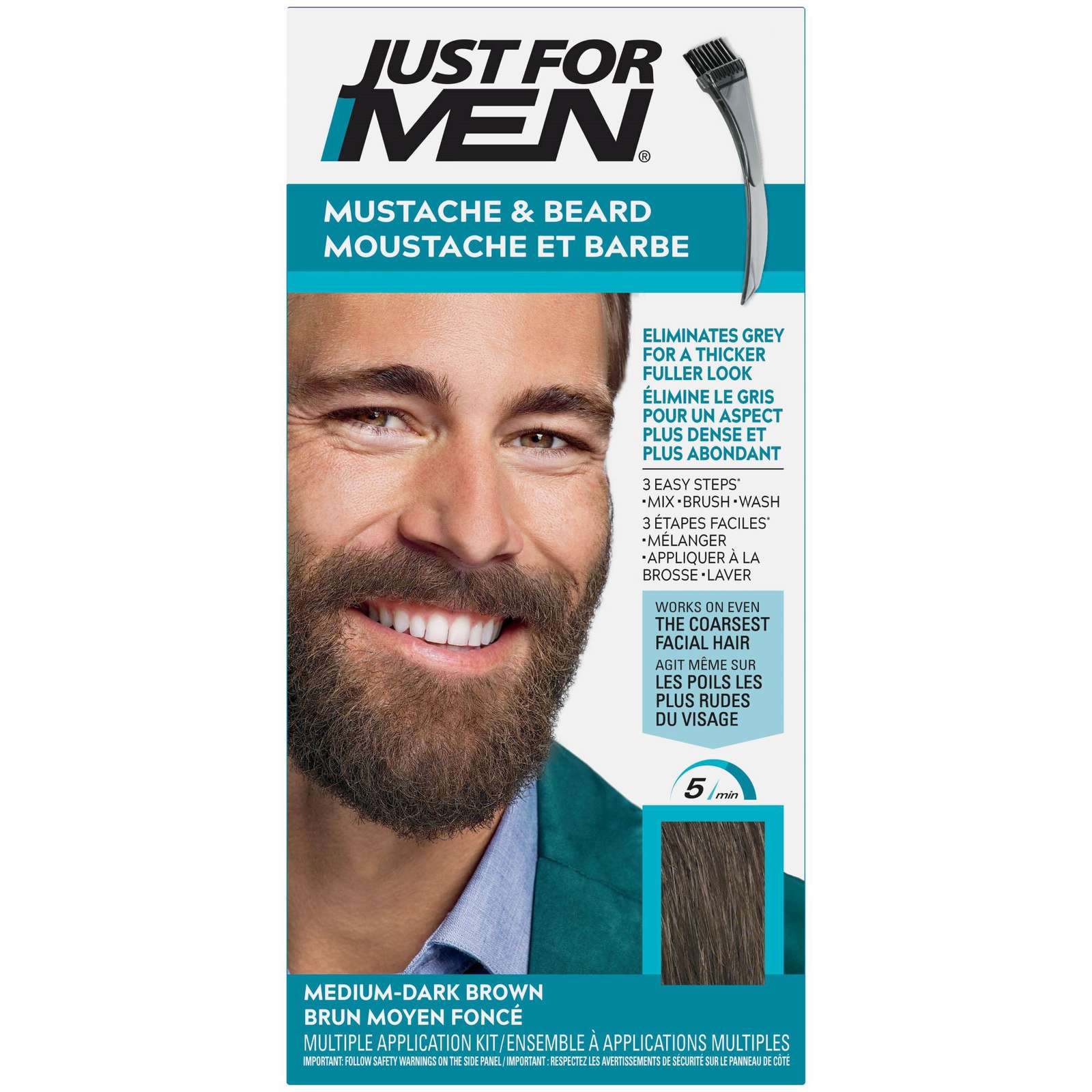 Just For Men Mustache & Beard, Beard Coloring with Brush Included - Medium-Dark Brown, M-40