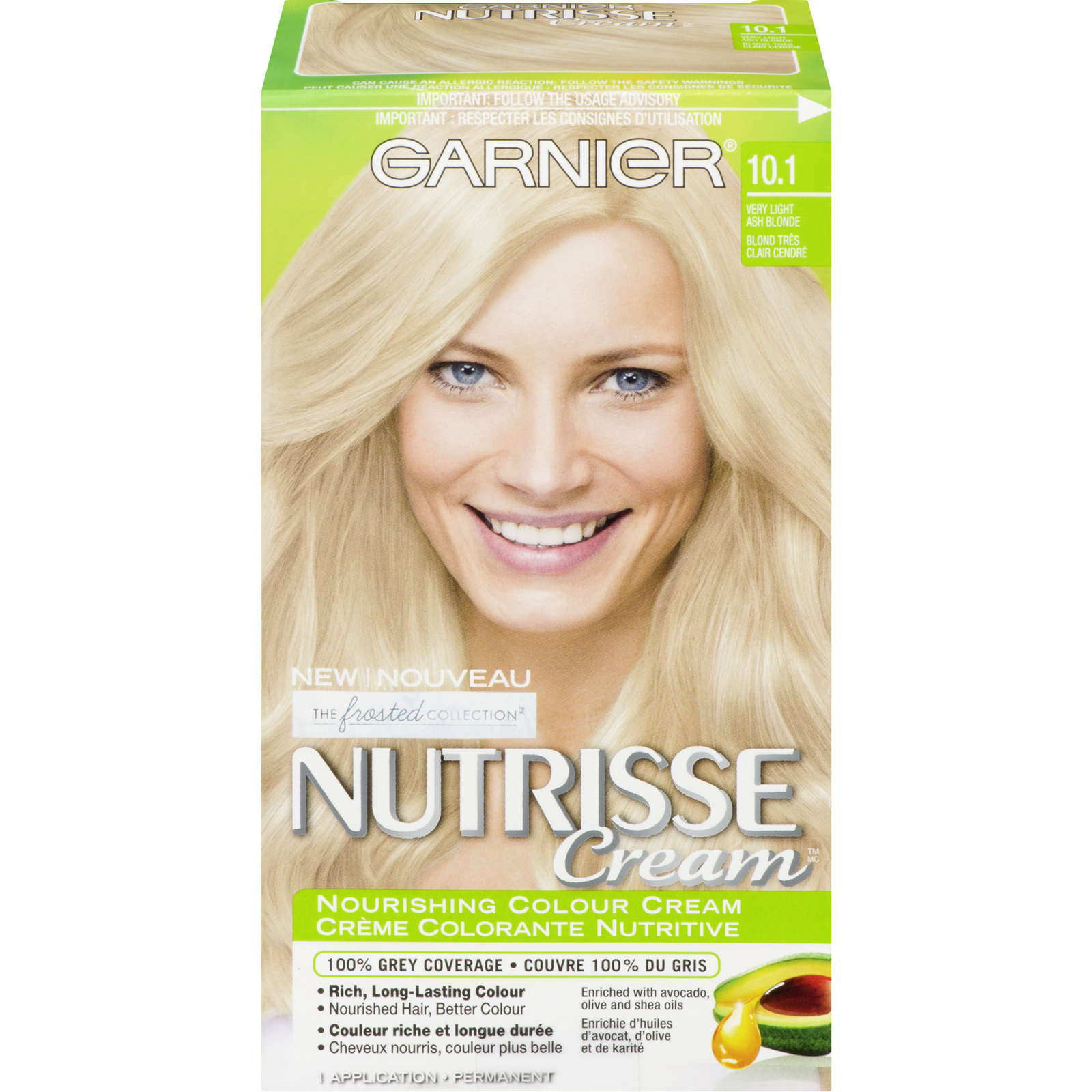 Garnier Nutrisse Hair Colour Cream with Avocado Oil for 100% Grey Coverage, 101 Light Ash Blonde Permanent Hair Dye, 1 Application
