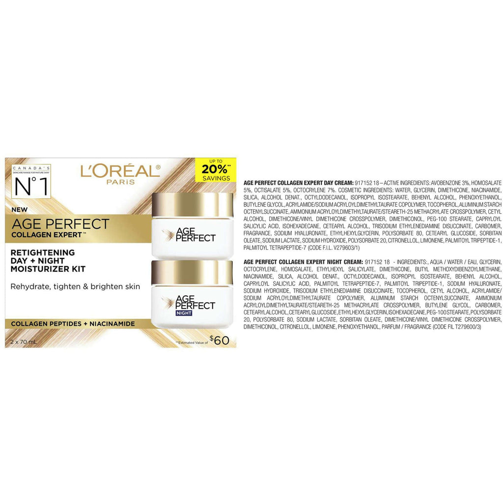 L'Oreal Paris Skin Care Day and Night Age Perfect Collagen Expert Kit with Collagen Peptides and Niacinamide, Retightening Moisturizer Kit, Rehydrate, Tighten and Brighten Skin, Anti-AgingFor Mature Skin