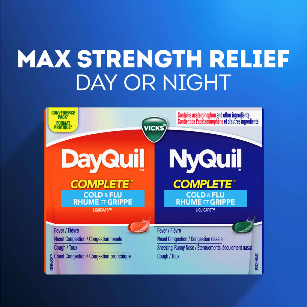Vicks DayQuil and NyQuil COMPLETE Cold, Flu and Congestion Medicine, 36 LiquiCaps, Relieves Cough, Sore Throat Pain, Fever, Runny Nose, Congestion, Daytime and Nighttime
