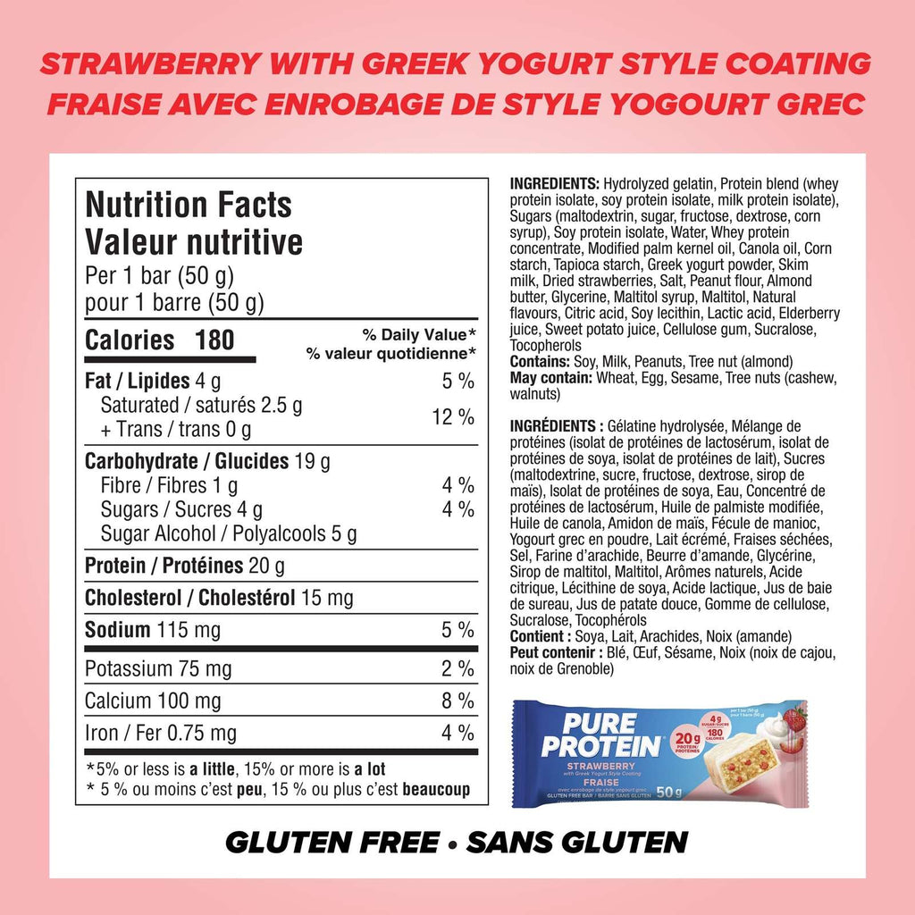 Pure Protein Bars, Strawberry with Greek Yogurt Style Coating,Gluten Free Snack Bar