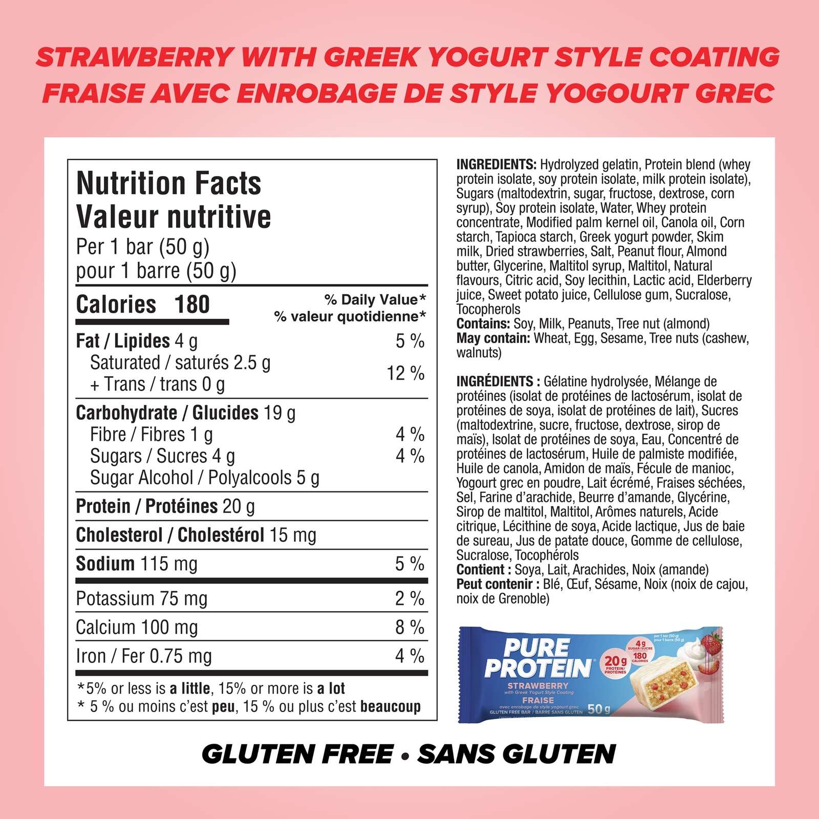 Pure Protein Bars, Strawberry with Greek Yogurt Style Coating,Gluten Free Snack Bar