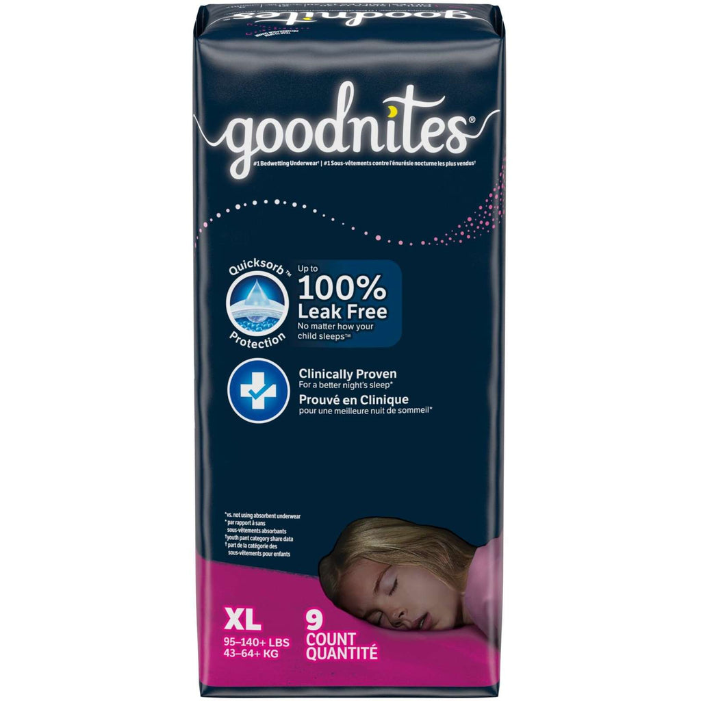 Goodnites Girls' Nighttime Bedwetting Underwear, Size Extra Large (95-140+ lb.), 9 Ct