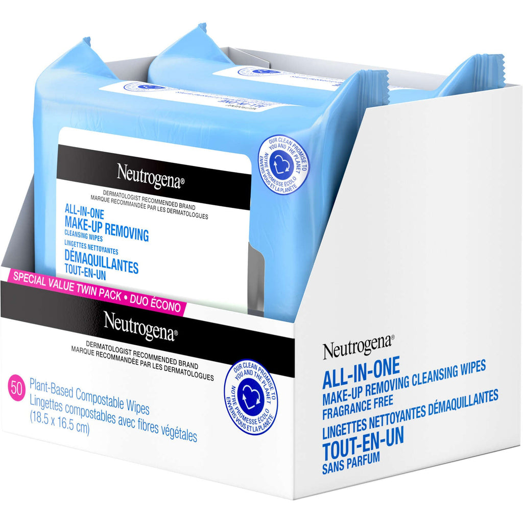 All In one makeup Remover fragrance free Facial Cleansing Wipes, Plant Based and Compostable, Special Value Twin Pack